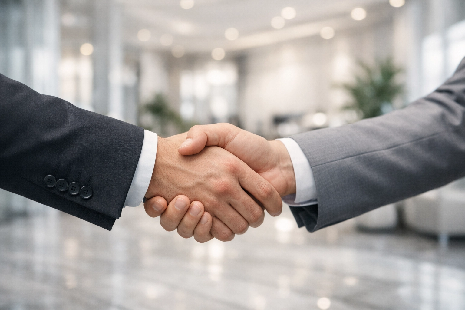 Handshake in a modern lobby following a successful deal with Biz Broker North Carolina advisors.