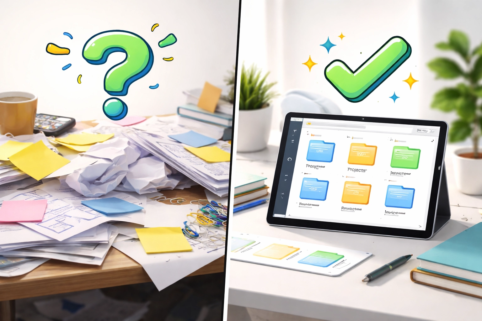 Comparison of a messy desk and an organized digital folder system shows why recording ISO audit evidence efficiently is crucial.