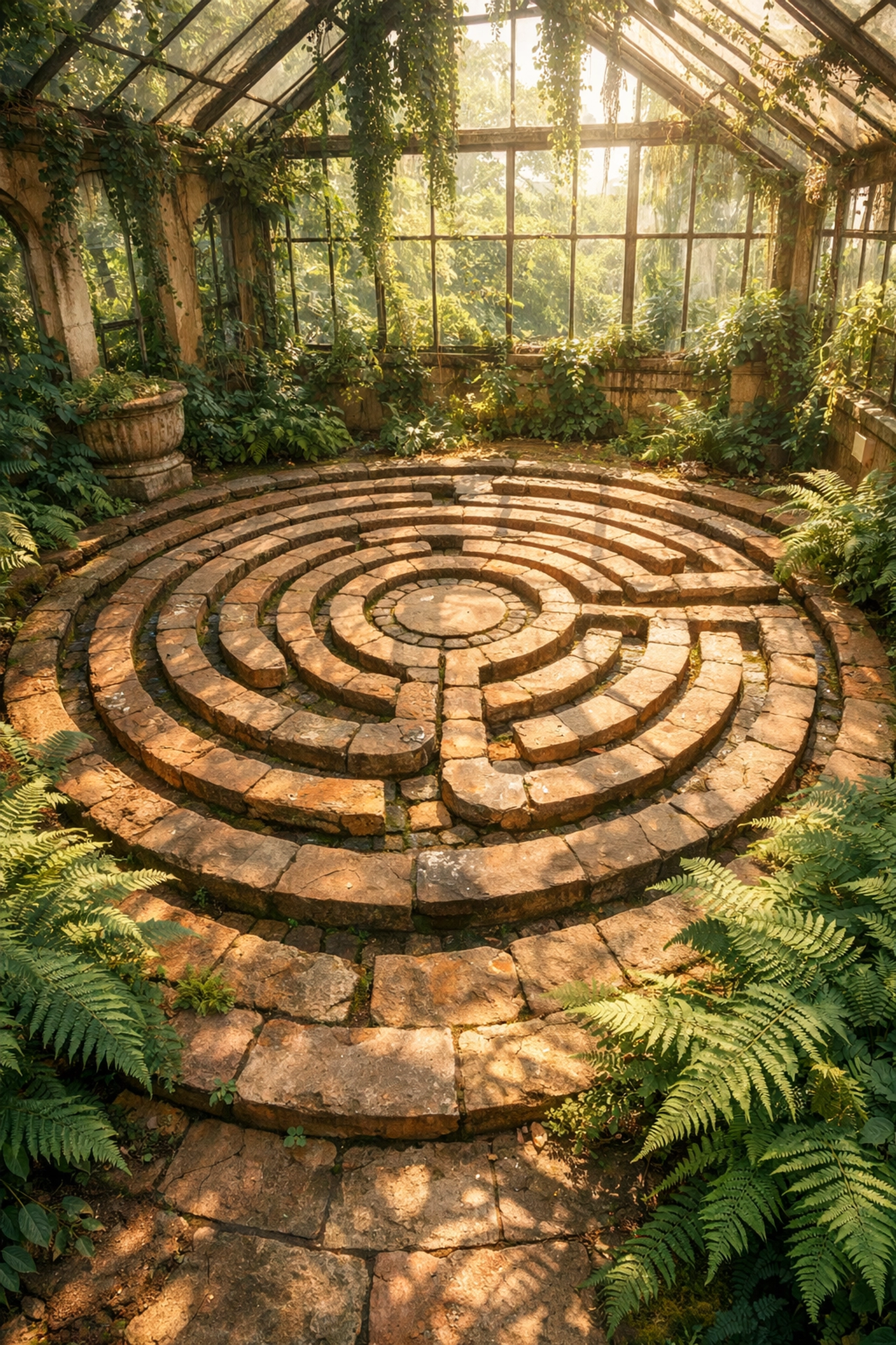 A stone labyrinth in a greenhouse representing the life patterns explored in Psychoastrology.