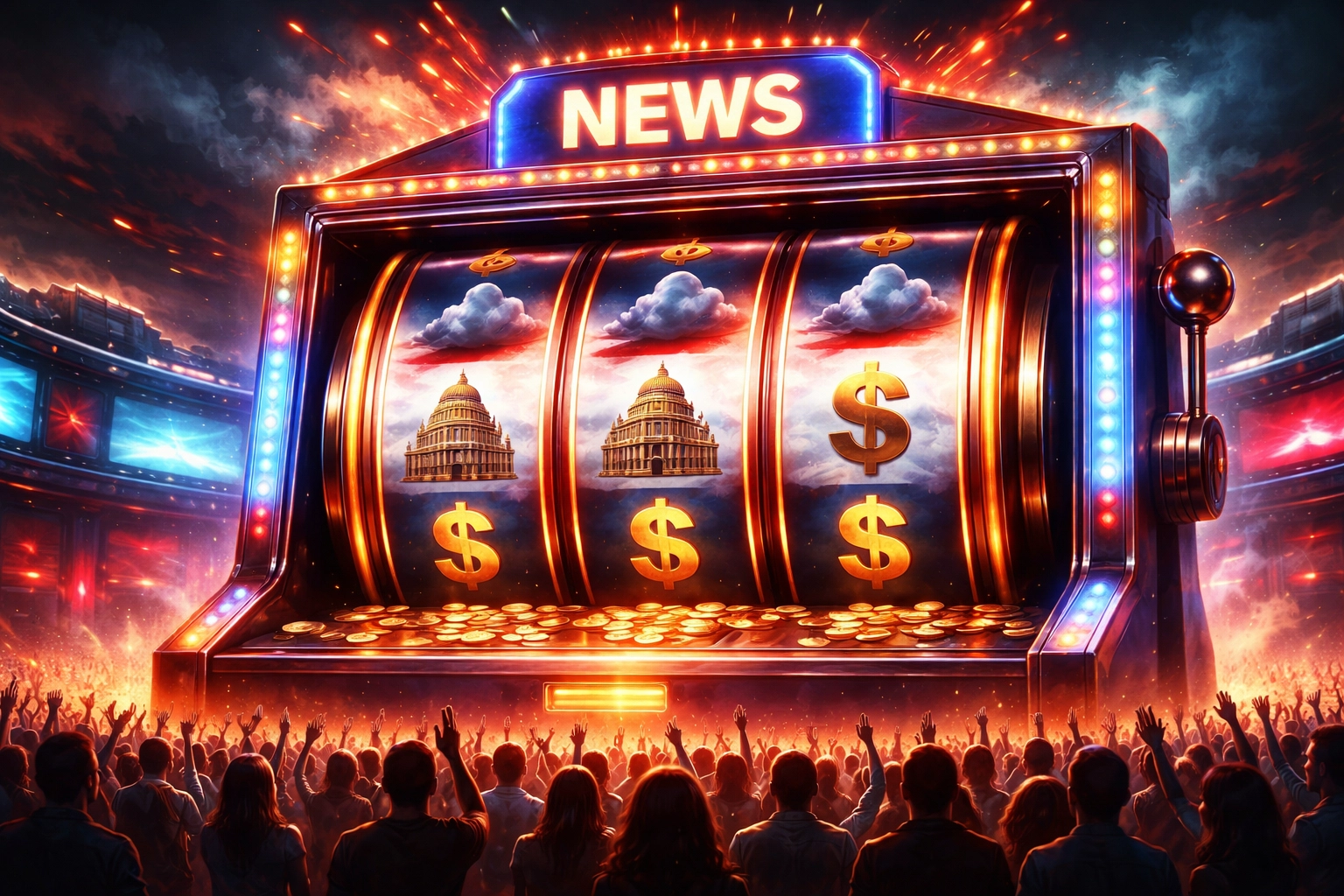 A massive slot machine blends with a news studio, crowds watching as symbols of politics and money spin in the reels