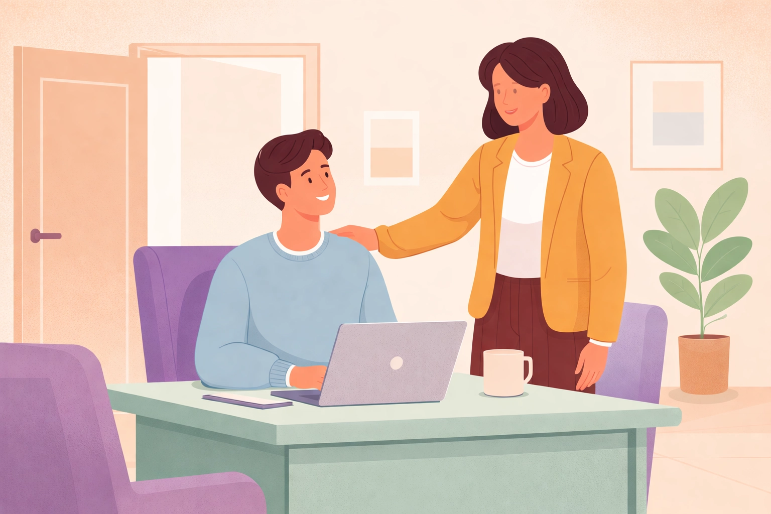 Supportive manager and employee in a modern office, representing a human-first approach to workplace sick leave policies.