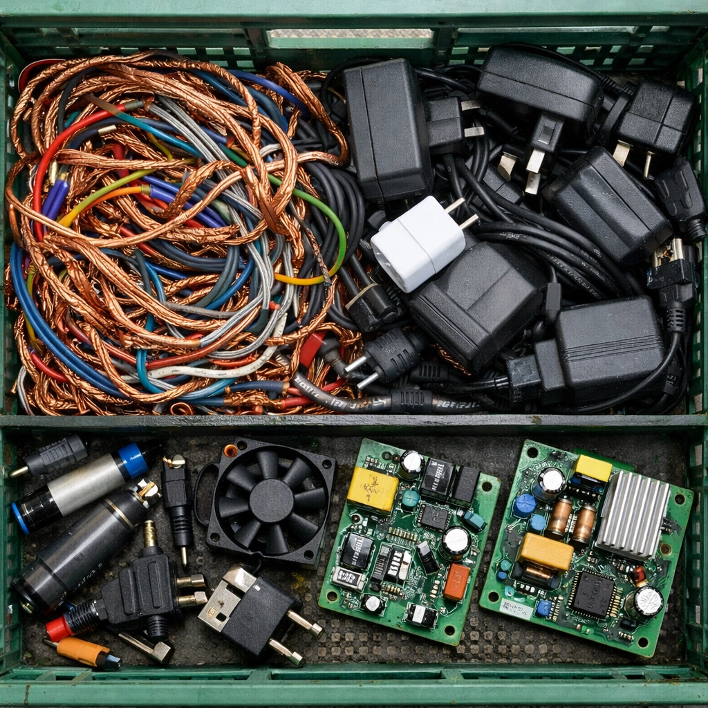 Sorted electronic components like circuit boards and power cables in a recycling collection crate.