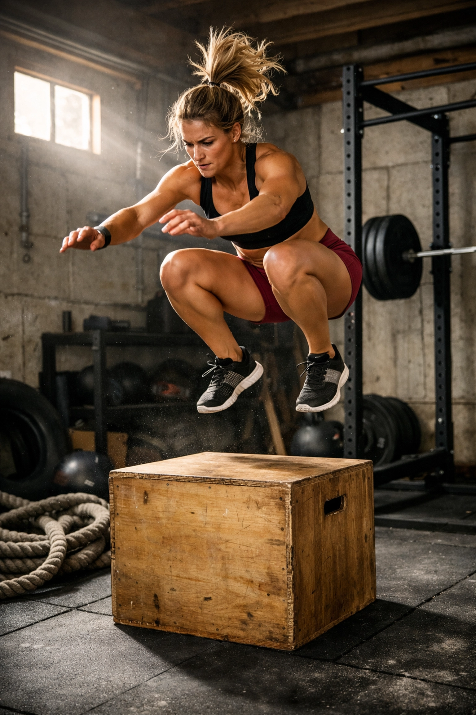 Female CrossFit athlete doing box jump in compact home gym with freestanding equipment