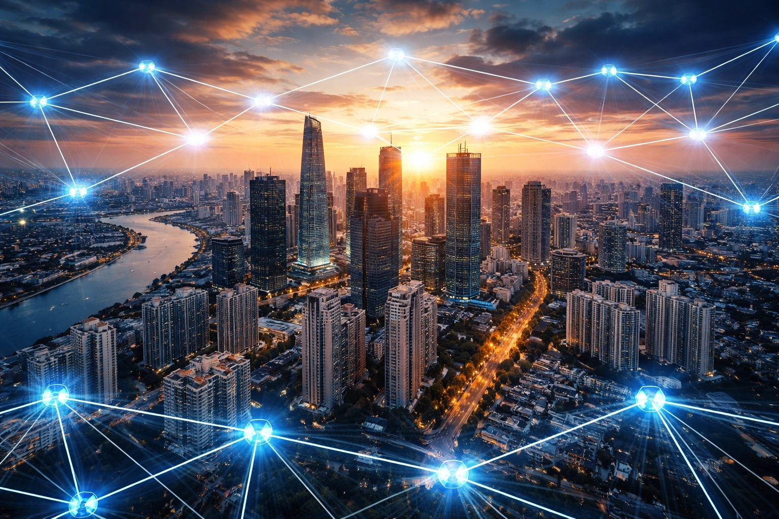 Aerial cityscape at sunset featuring real estate, modern skyscrapers, and blockchain networks symbolizing investment innovation