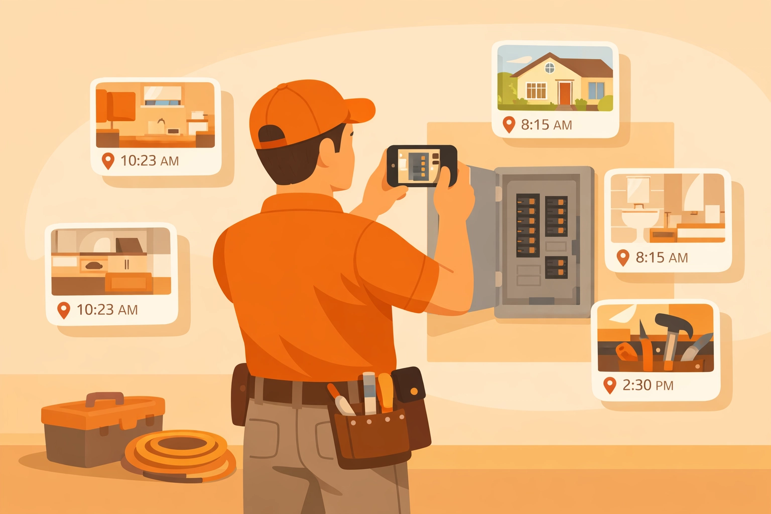 Contractor using smartphone to document electrical work with automatic photo timeline organization