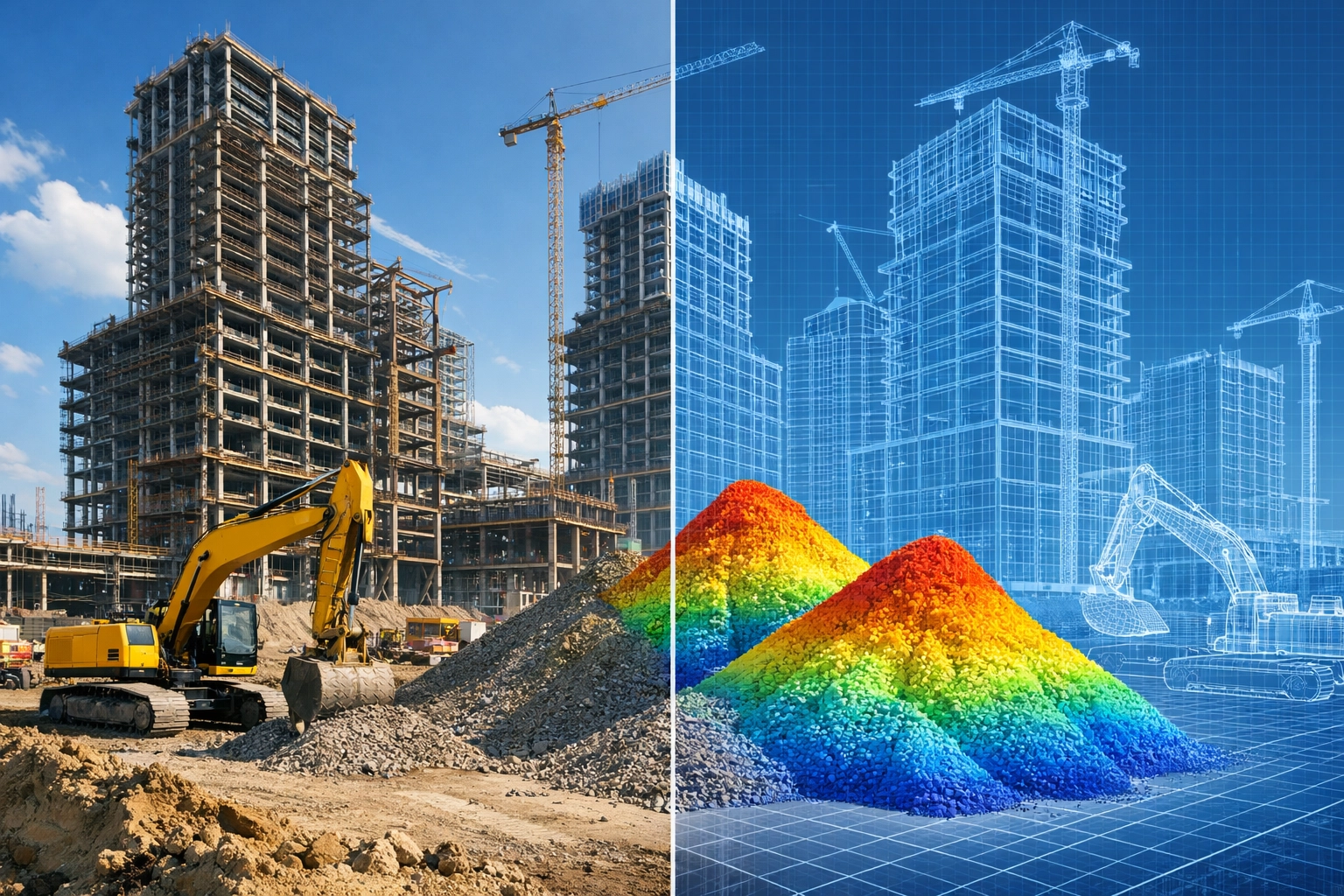 Aerial view of a construction site with a digital twin overlay