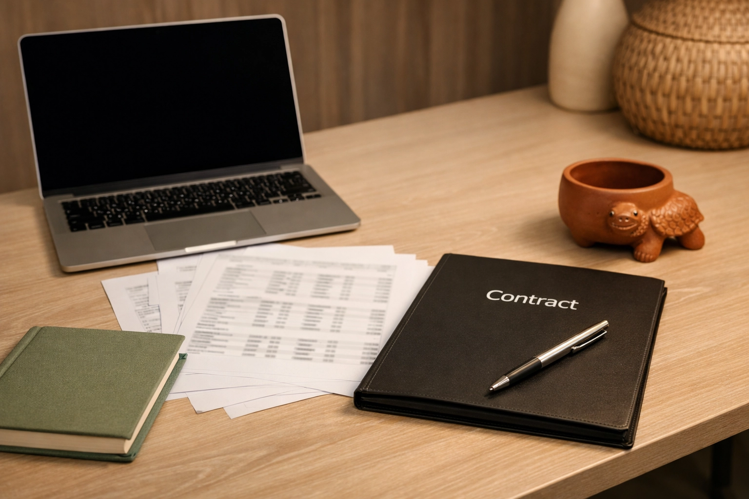 Minimalist office desk with laptop, contract folder, and blurred financial spreadsheets for business valuation in divorce.