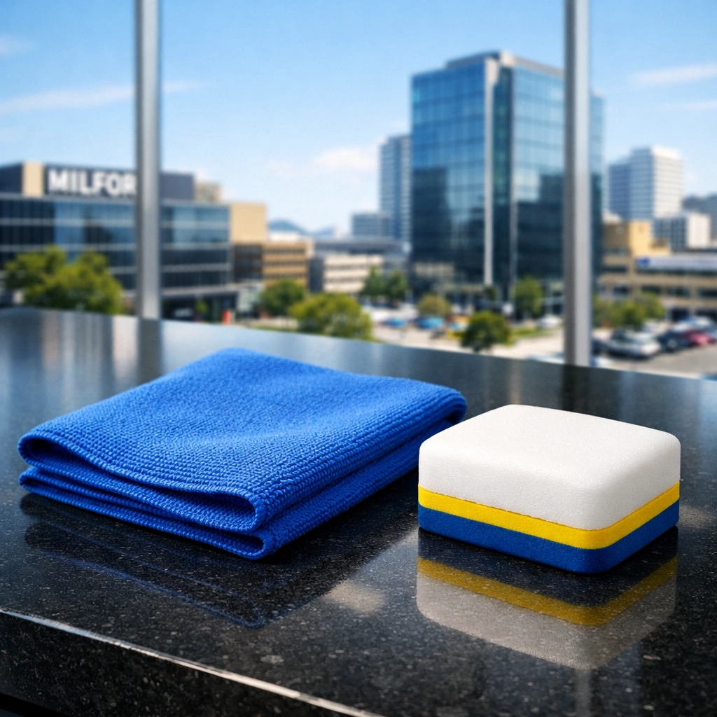 Close-up of professional tools used for recurring office cleaning and commercial cleaning Milford services.