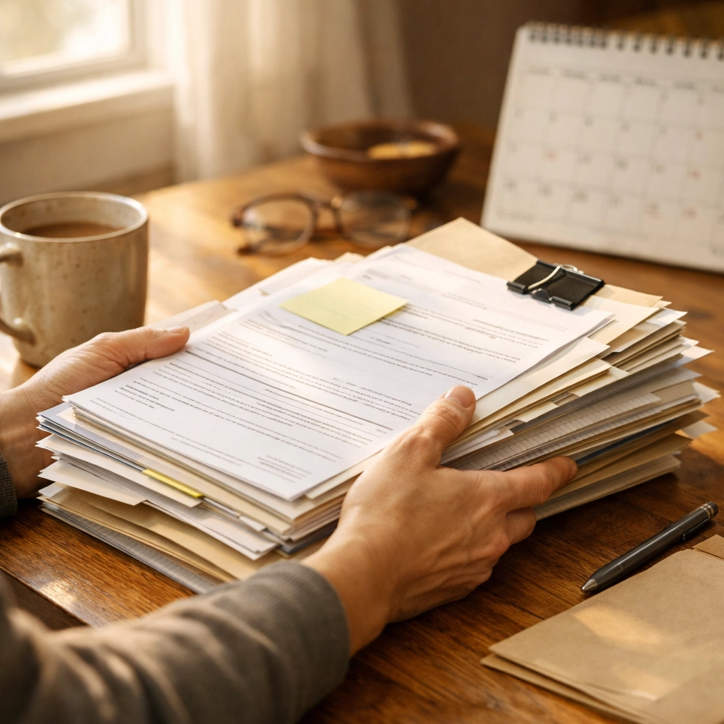 Parent organizing documents for Texas TEFA application on kitchen table