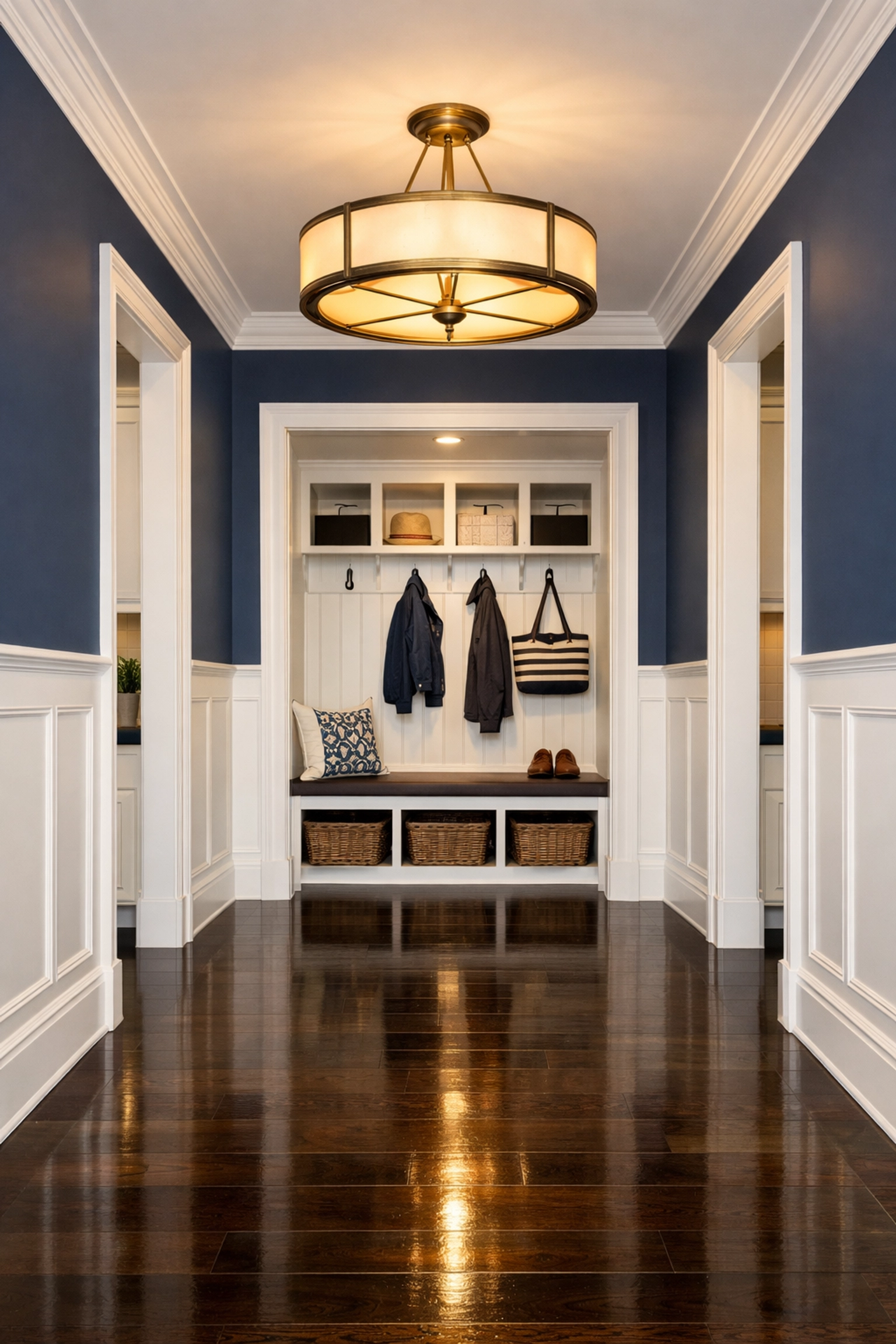 Detailed cleaning of a modern home entryway in Fitchburg featuring polished dark wood floors.