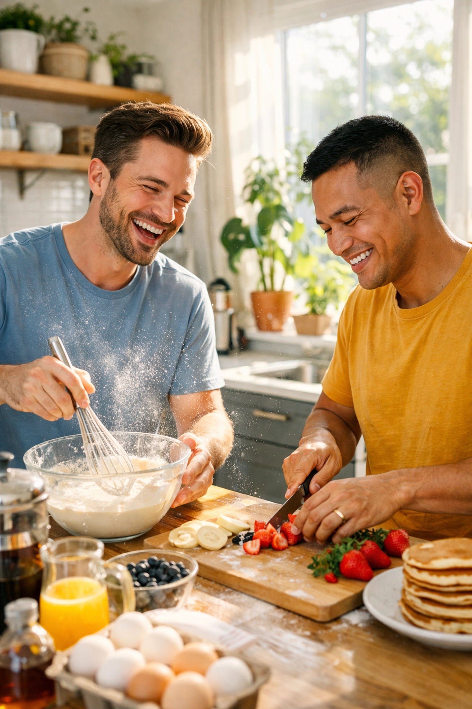 Gay married couple cooking pancakes together in sunny kitchen on Sunday morning