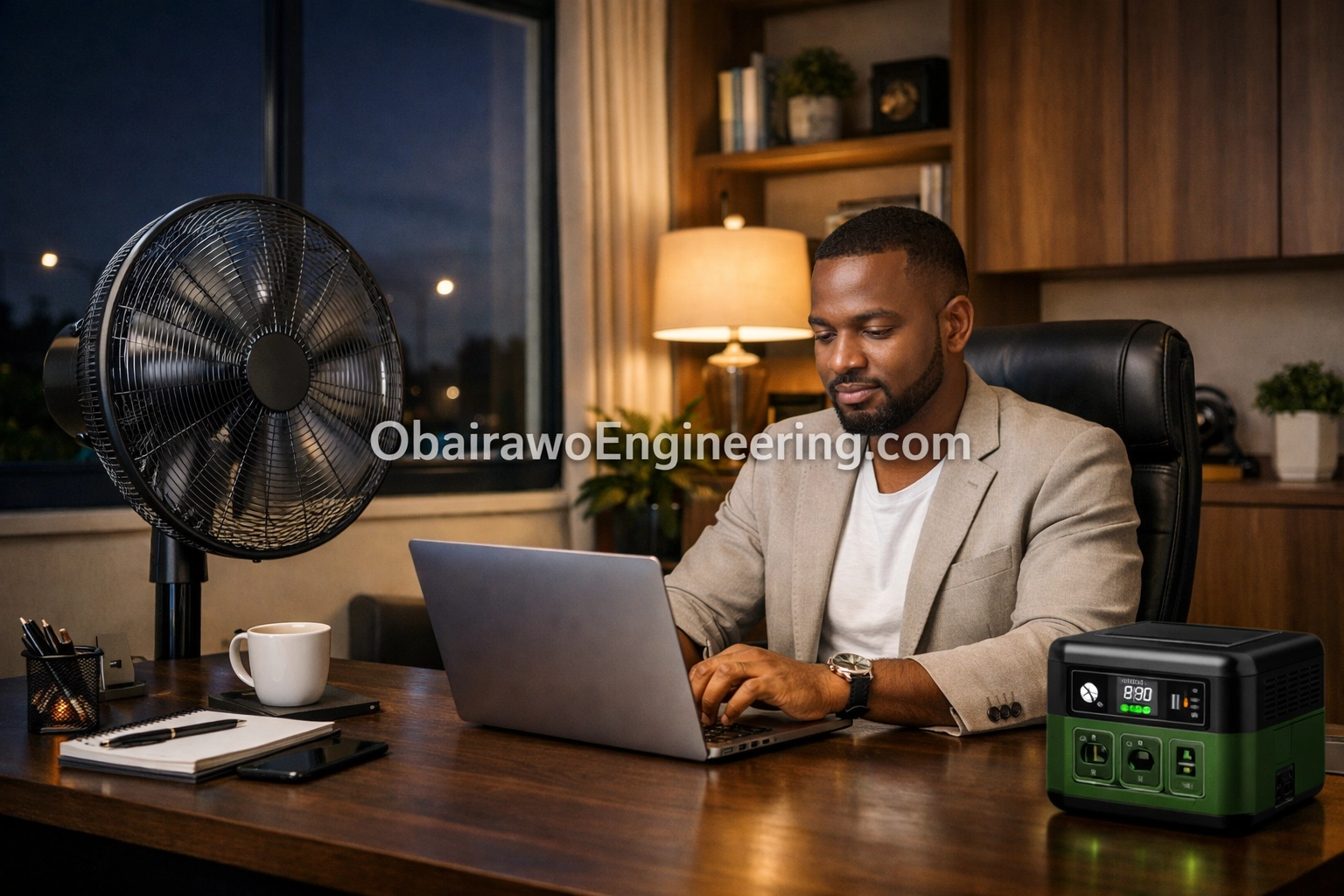 A professional using a 2kVA fuelless generator to power a home office and fan during a grid failure.