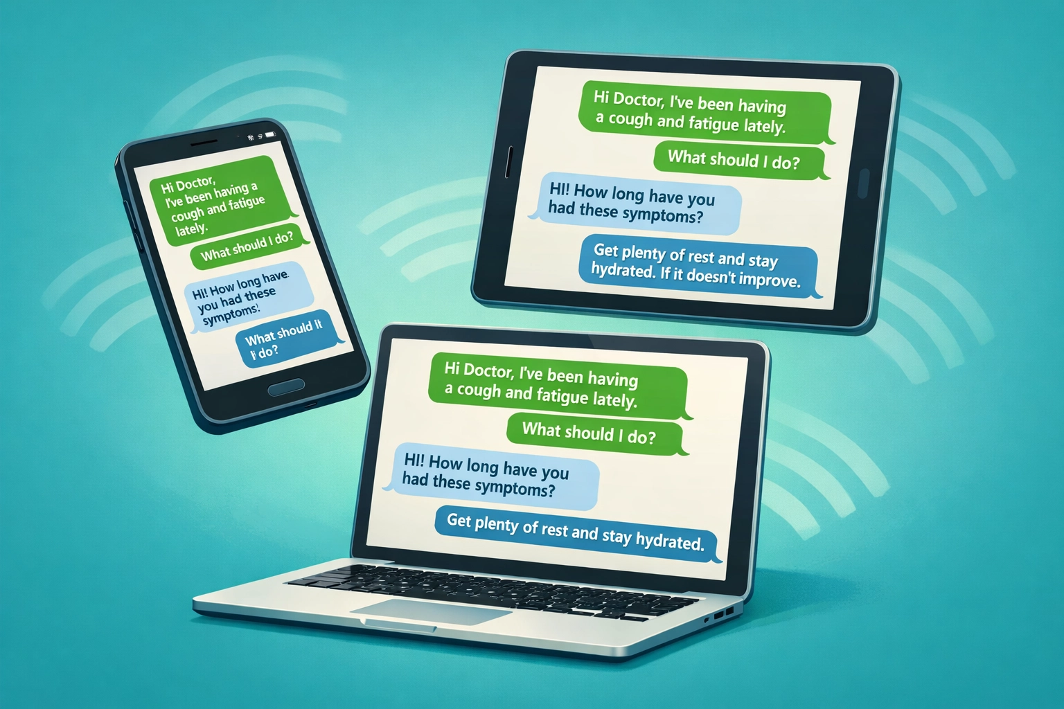 Text-based online doctor consultations accessible on smartphone, tablet, and laptop devices