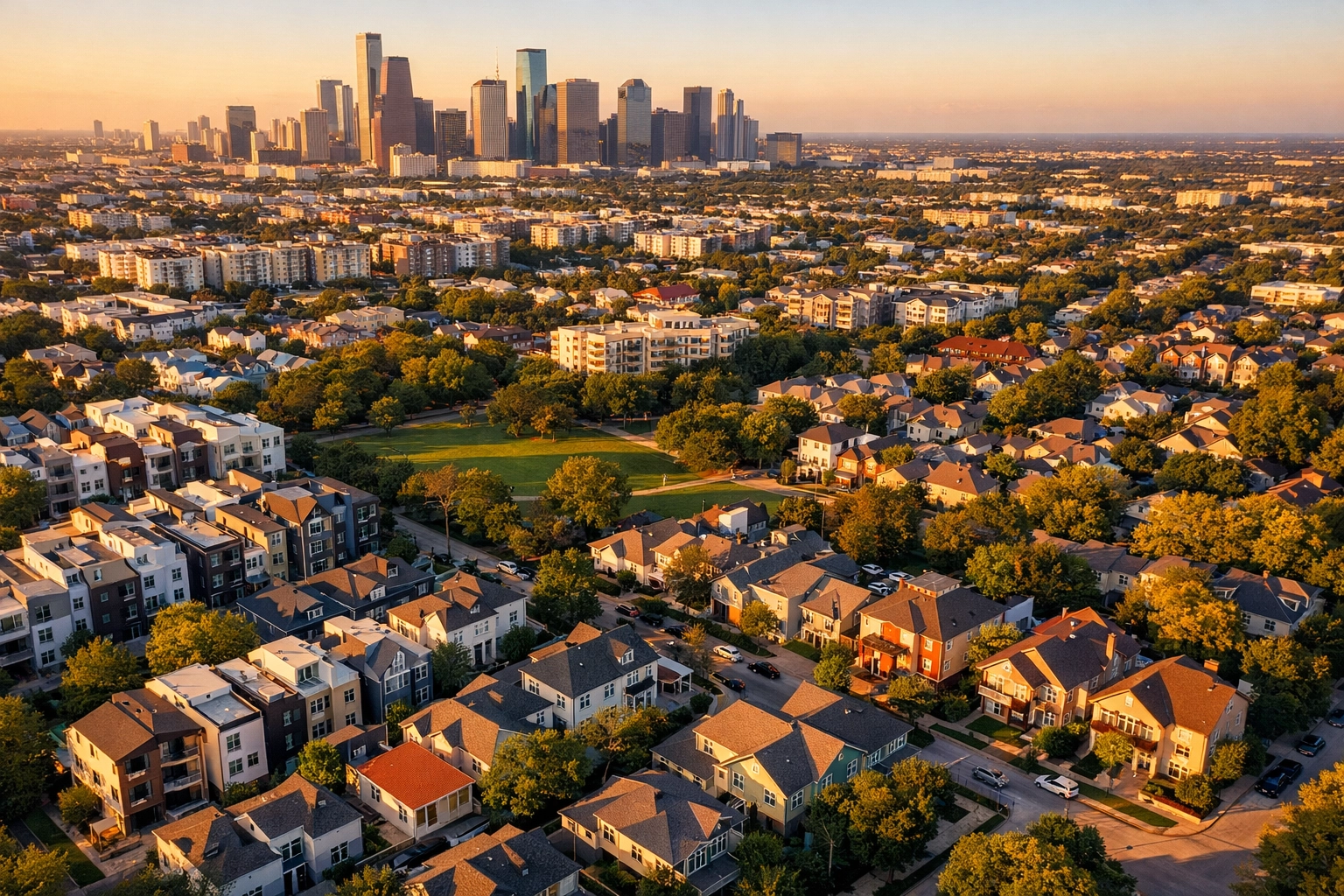 Aerial view of diverse Houston neighborhoods showing varied residential areas and real estate options