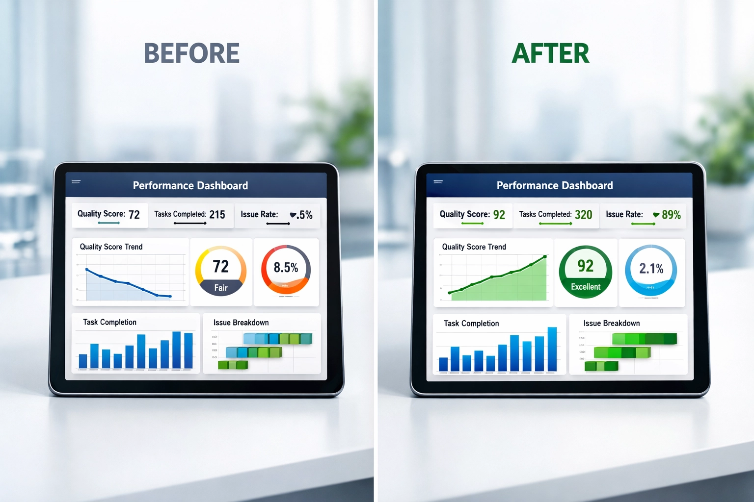 Cleaning performance dashboard on tablet displaying quality scores and upward trending metrics