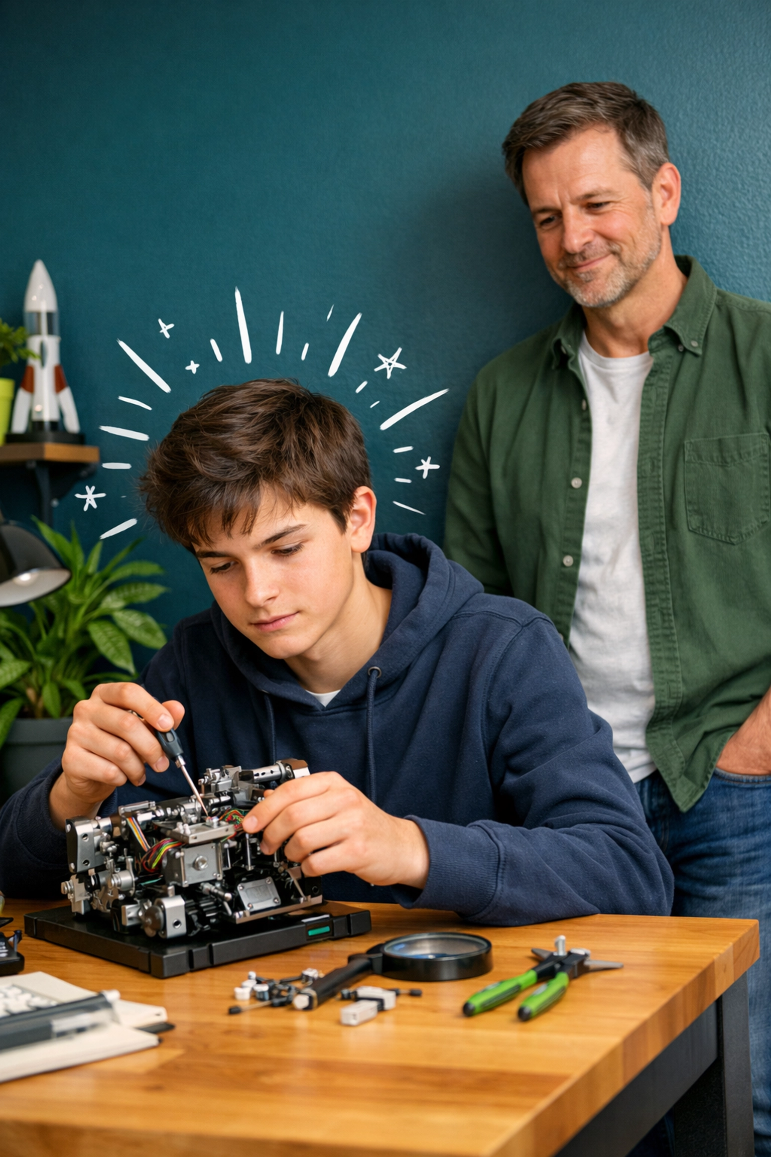 A teen boy focusing on a technical project while his father encourages independent problem-solving and resilience.