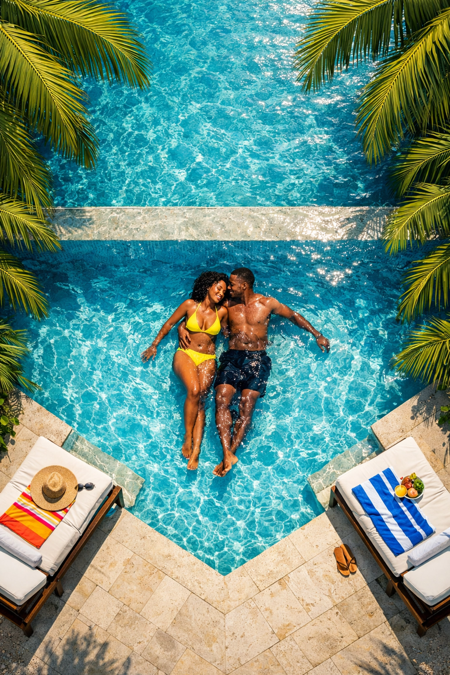 Couple relaxing in infinity pool at luxury tropical resort for custom vacation itinerary