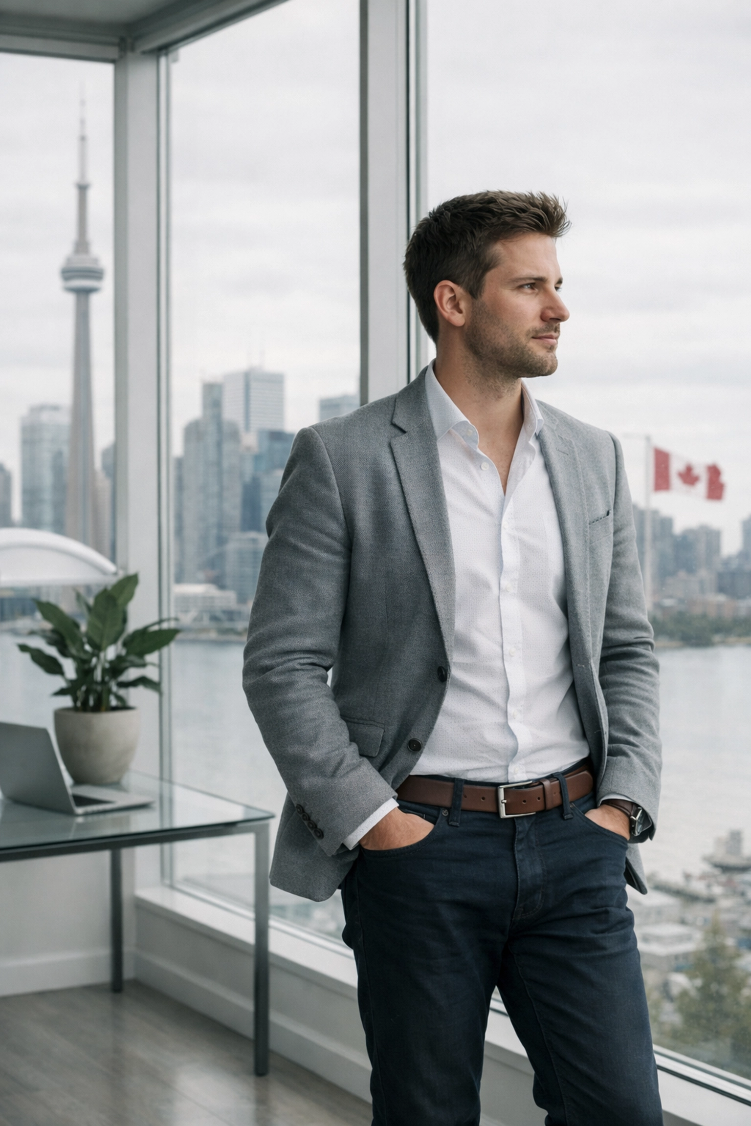 A Canadian entrepreneur in a modern office looking at a skyline while planning startup funding.