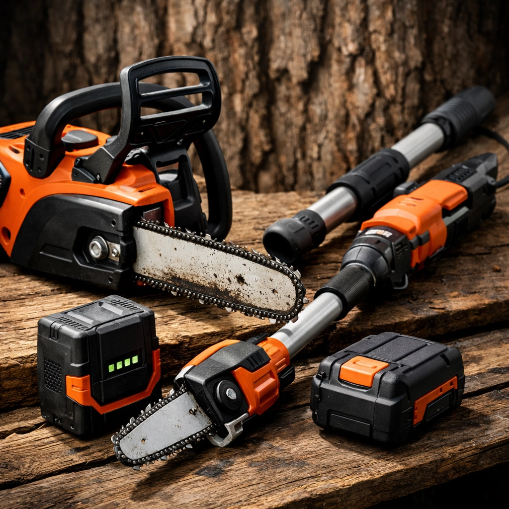 Modern battery-powered chainsaw and arborist equipment for precision tree surgery work