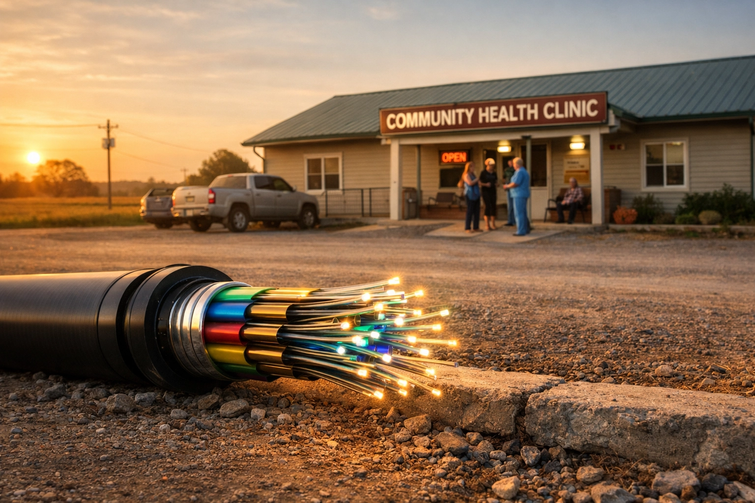 Rural health clinic next to disconnected high-tech cables, illustrating the digital divide in healthcare access.
