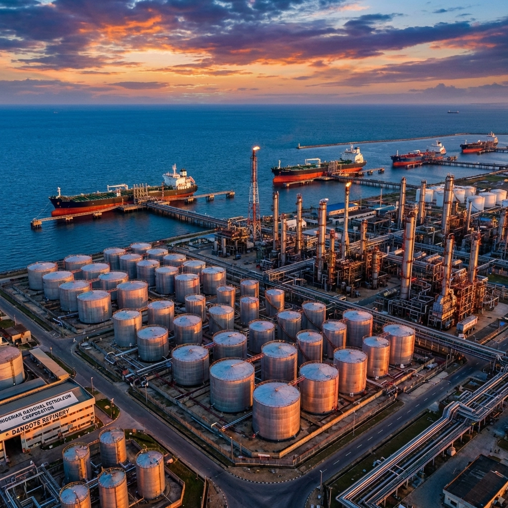 Aerial view of the Dangote Refinery with docked tankers, highlighting Nigeria's refinery exports and ocean freight services.