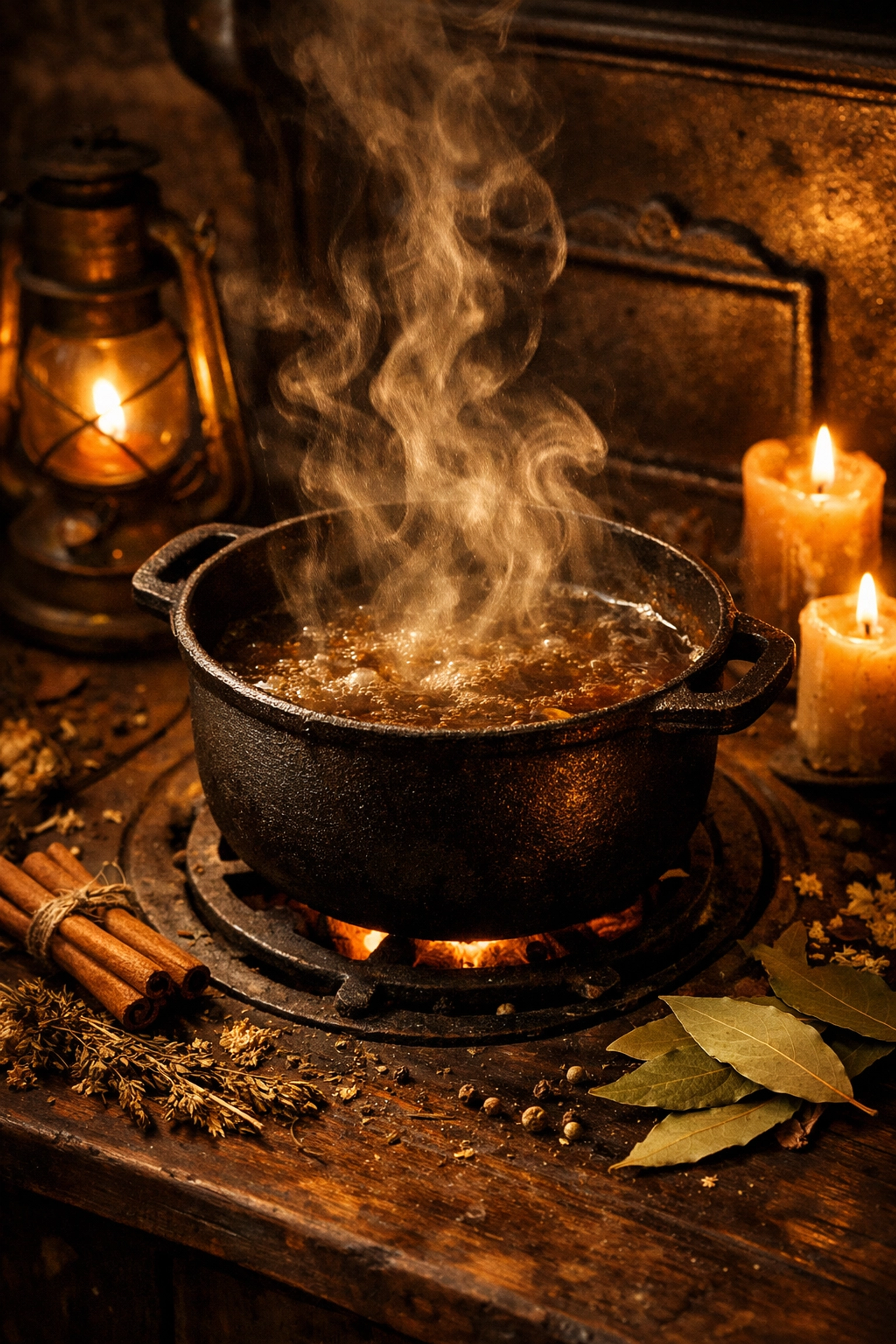 Herbal simmer pot with cinnamon and bay leaves for hearth witchery
