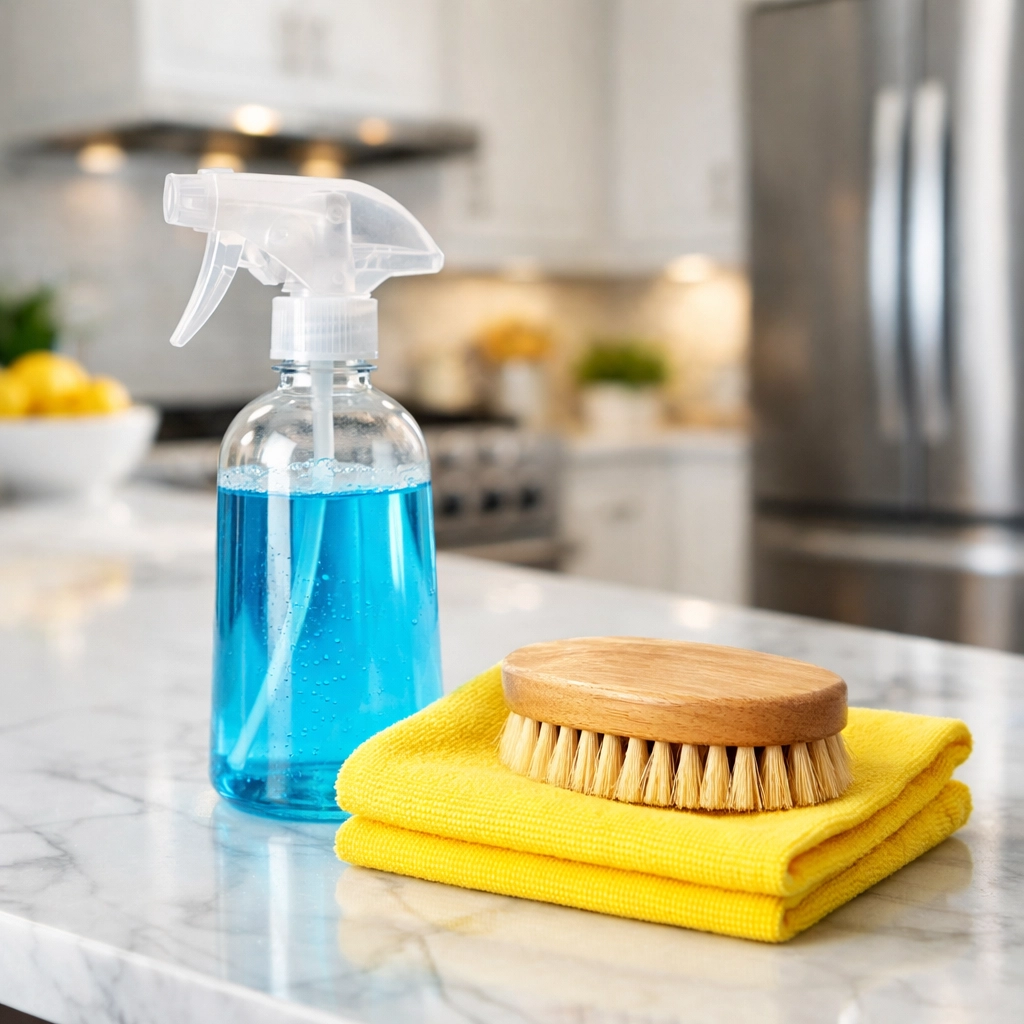 Eco-friendly cleaning products on a kitchen island used by a Move-In Cleaning Service in Massachusetts.