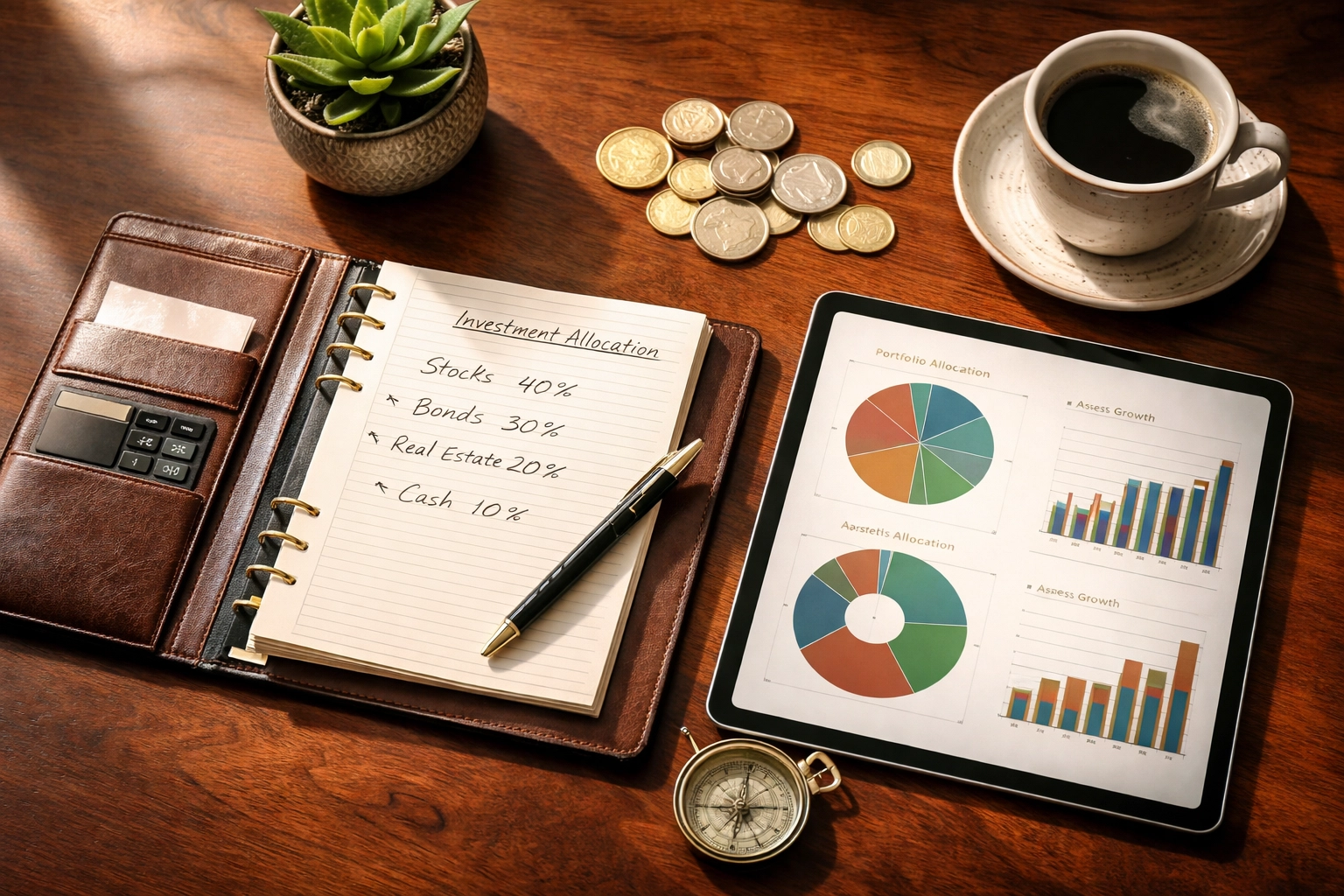 Top-down view of a wealthy investor’s desk with allocation notes and charts, representing portfolio implementation strategies.