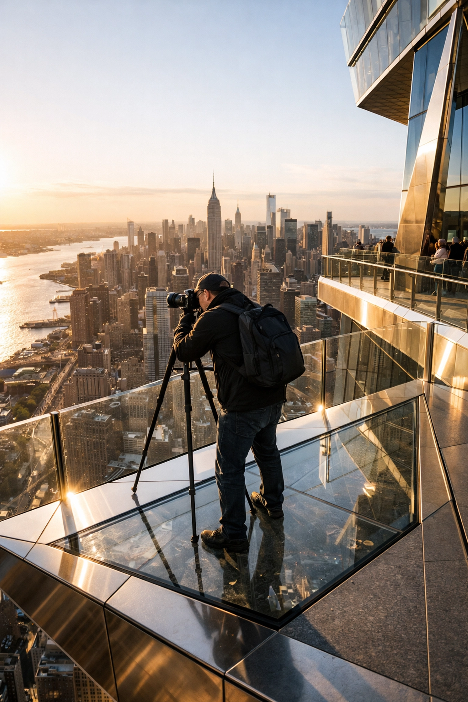 Photographer at The Edge NYC capturing the Manhattan skyline at golden hour, a premier NYC photo spot.