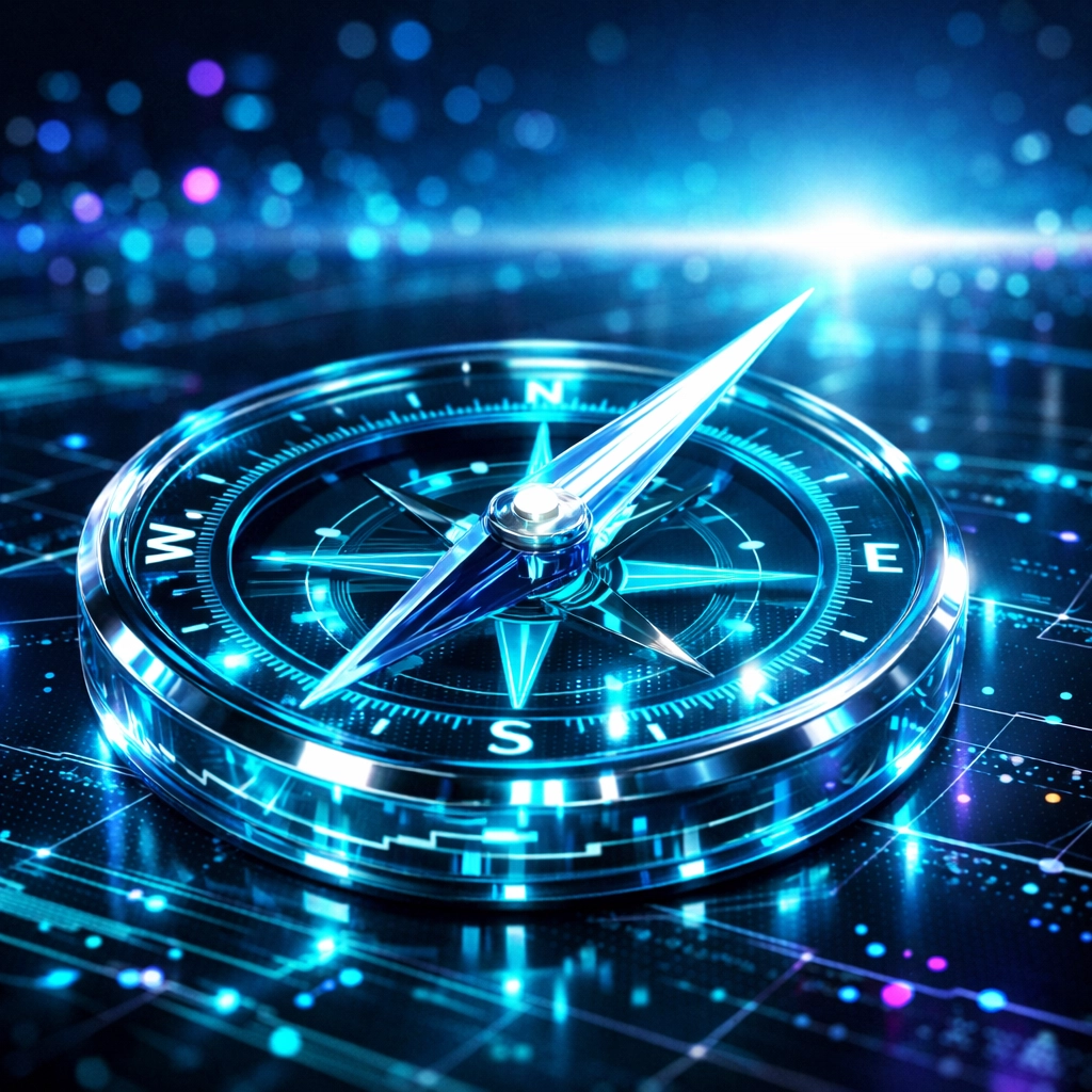 Digitaler Kompass auf einer Datenkarte symbolisiert KI-Kompetenz für Entscheider und strategische Führung.