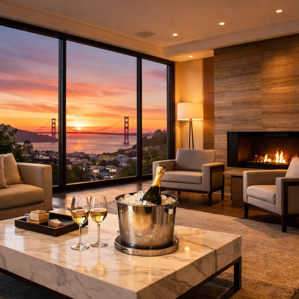 Luxury San Francisco villa interior with Golden Gate Bridge views for Super Bowl VIP hosting.