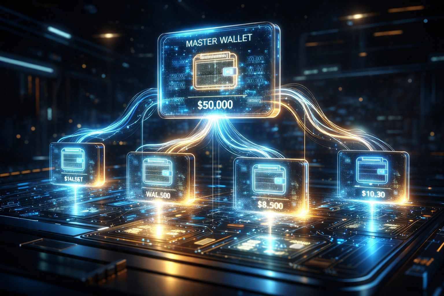 Self-custody crypto wallet interface with master/sub-wallet nodes for metaverse merchant management