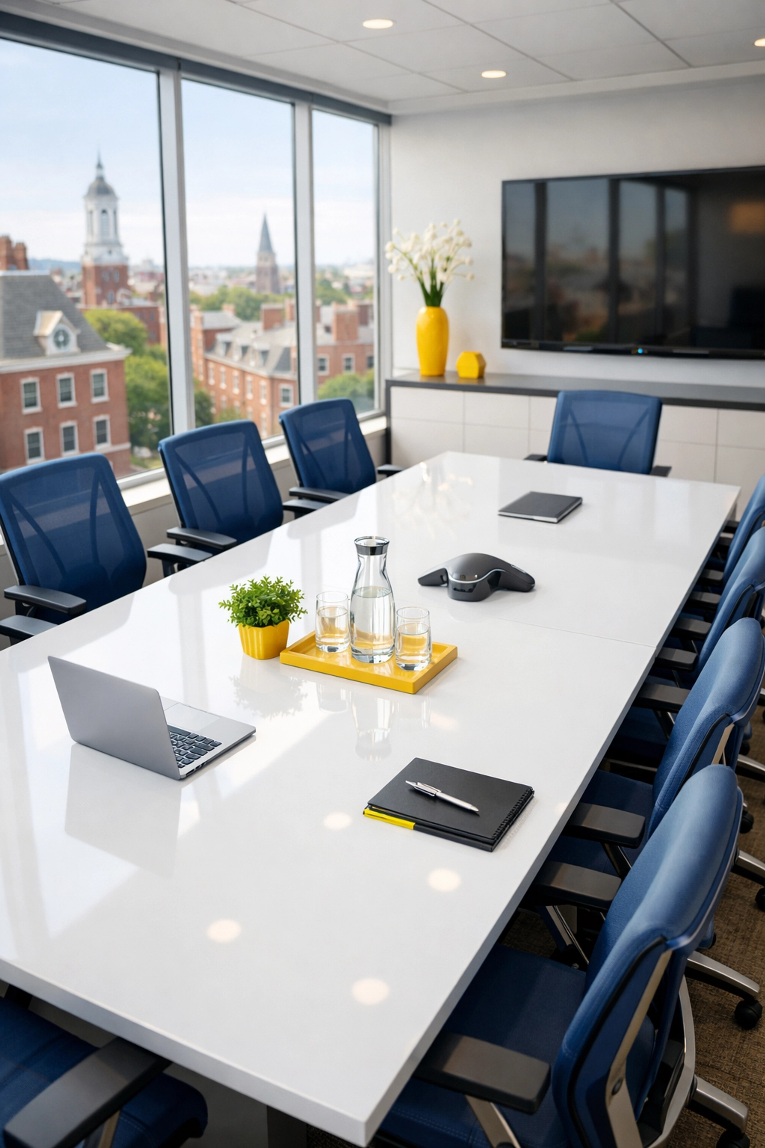 Spotless conference room in a Cambridge tech firm showcasing professional office cleaning results.