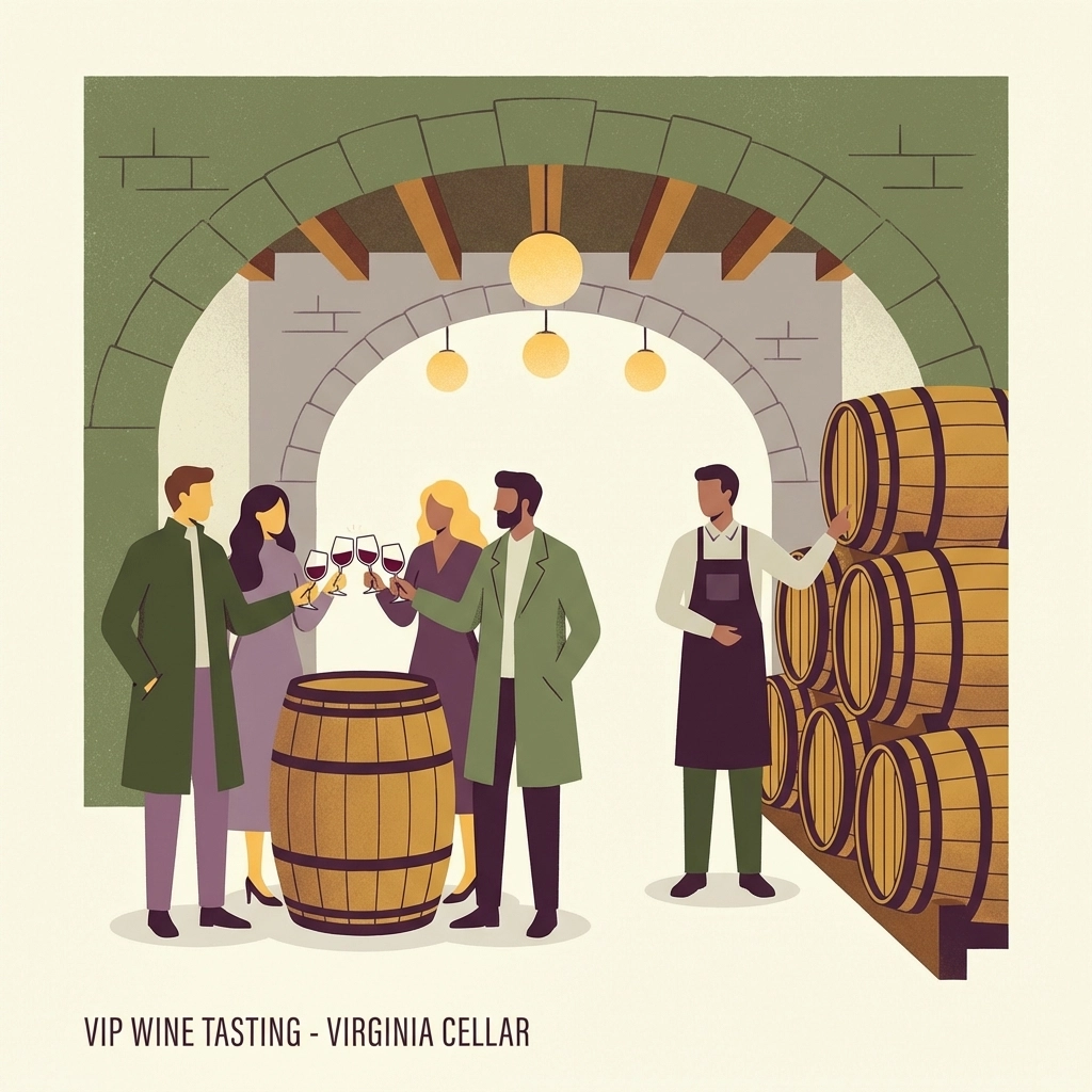 VIP group wine tasting in a cozy Virginia winery cellar, highlighting exclusive, intimate vineyard experiences