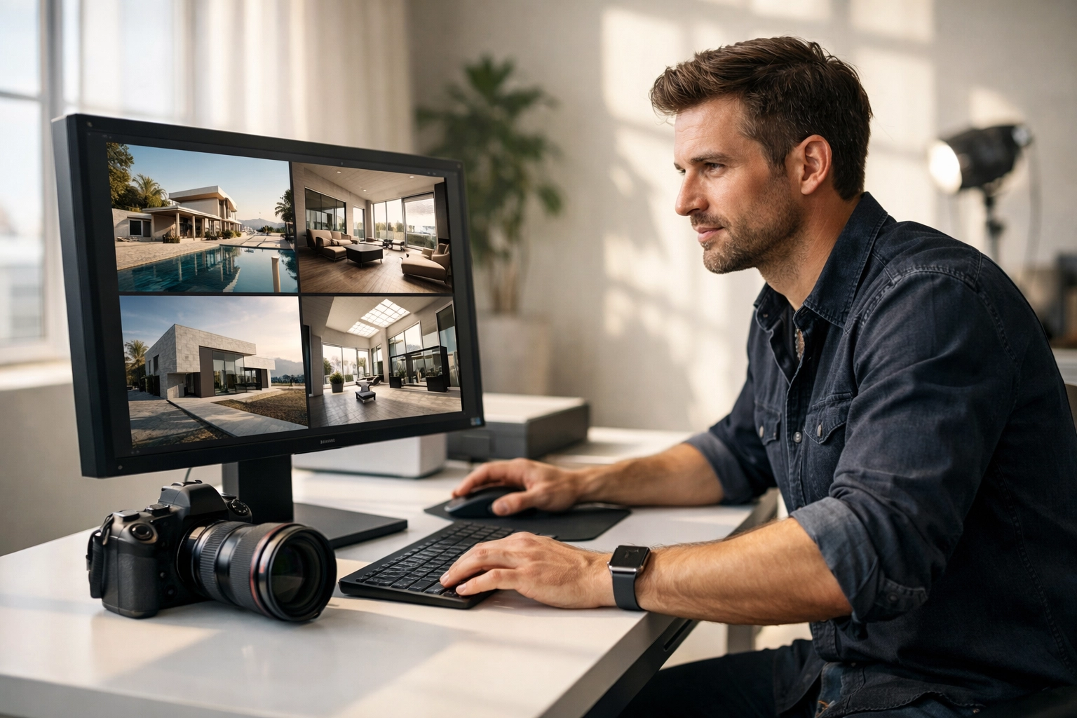 Professional photographer reviewing high-tier client projects in a sun-drenched modern studio.