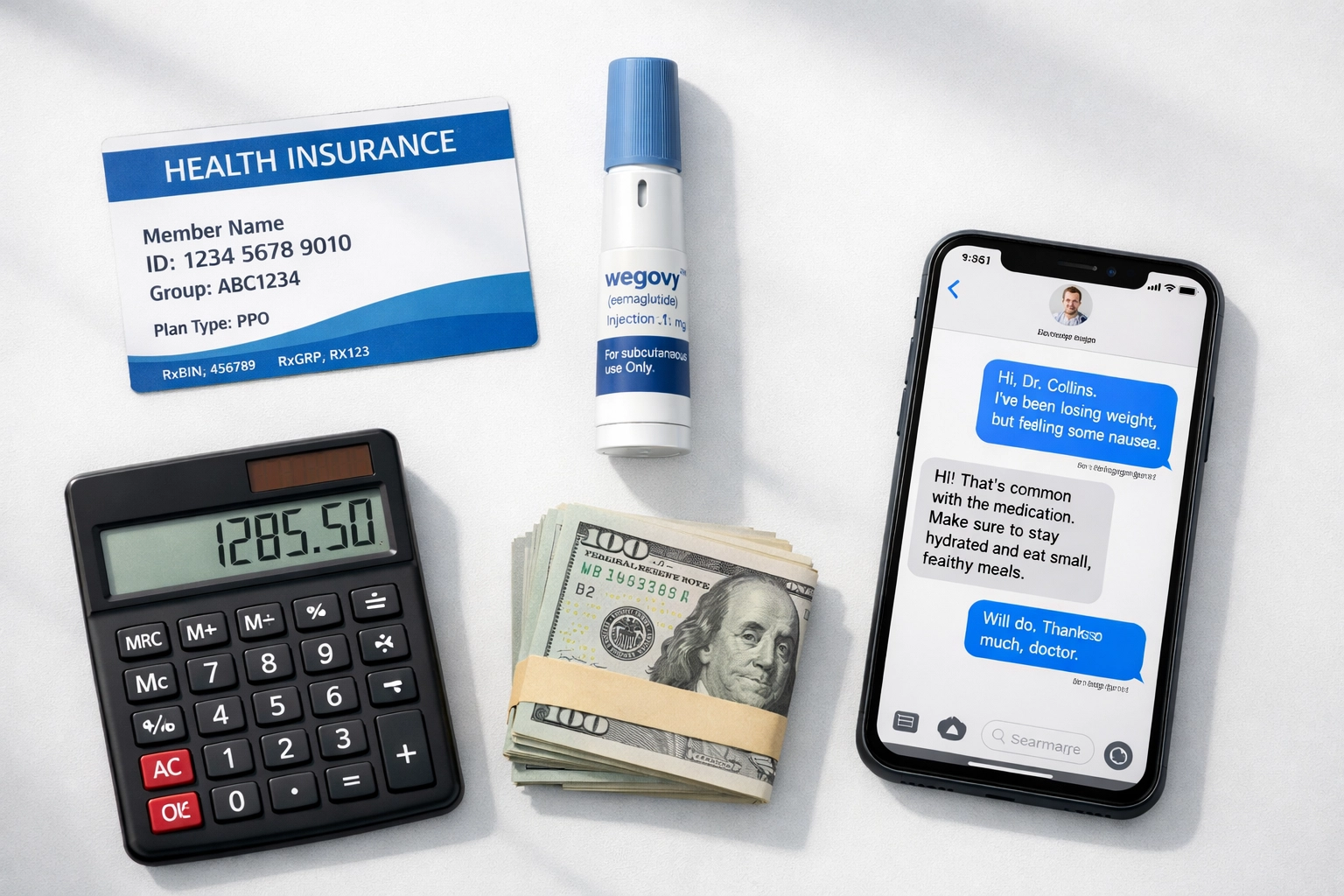 GLP-1 medication costs with insurance card, calculator, and telehealth consultation