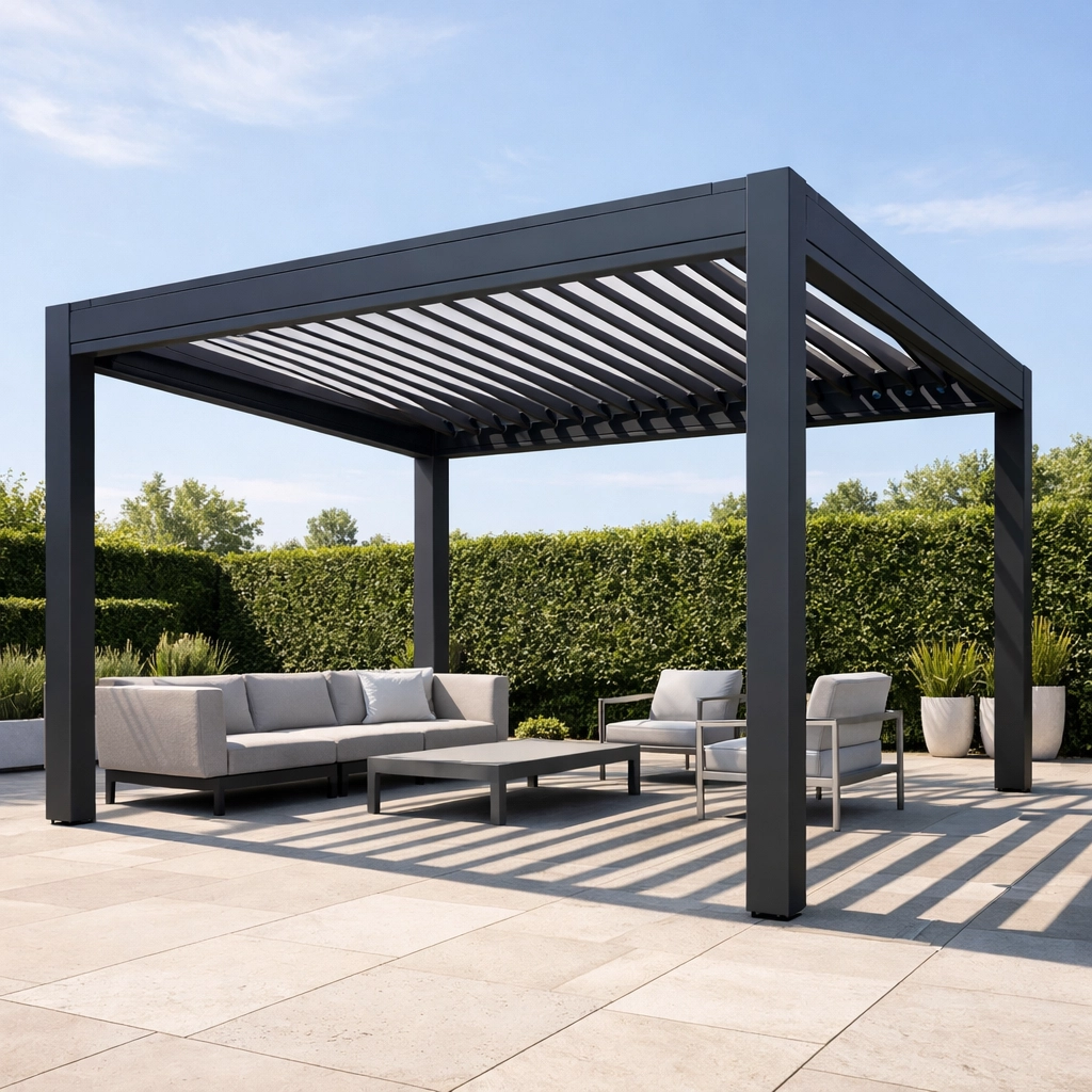 Freistehendes Lamellendach Wien in Anthrazit für modernes Outdoor Living im Garten.