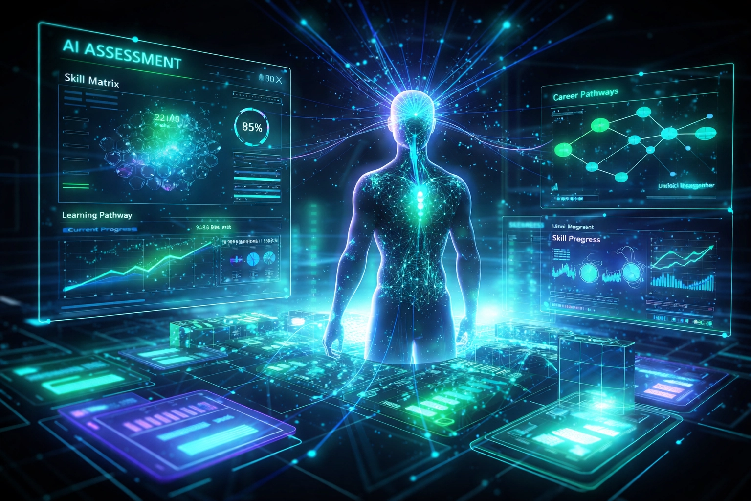 Futuristic interface with AI-powered assessments and learning pathways highlighting intelligent automation solutions.