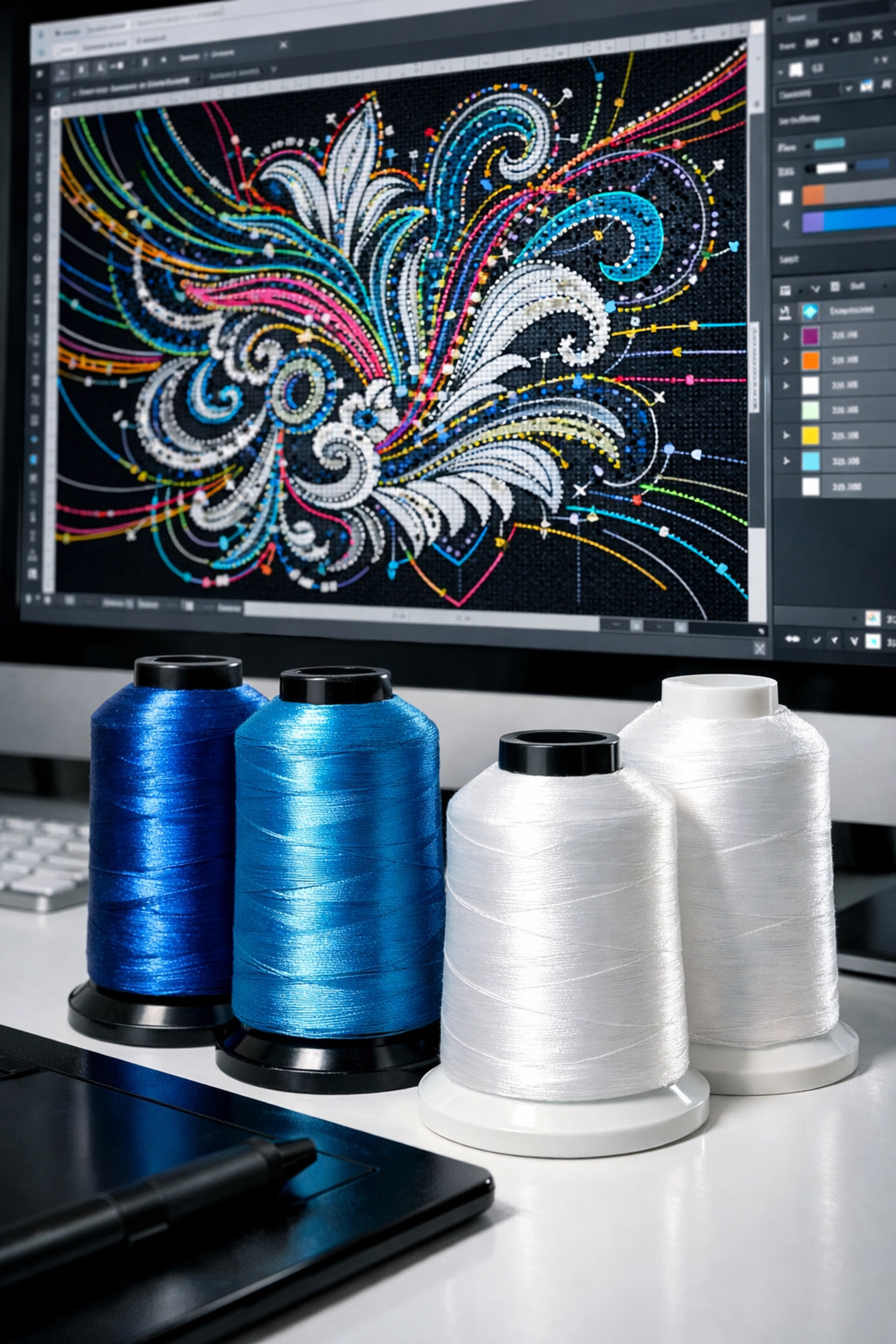 Digital embroidery digitizing process showing stitch paths on a monitor with blue thread spools.