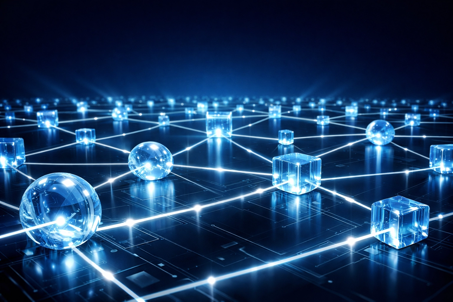 Interconnected blue nodes illustrating complex AI-driven business workflow automation and scaling.