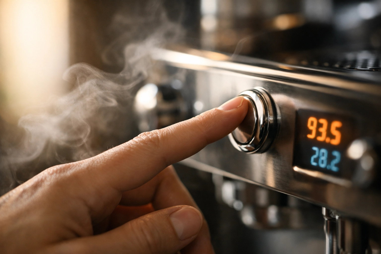 A barista operating a volumetric espresso machine with a digital PID display for temperature stability.