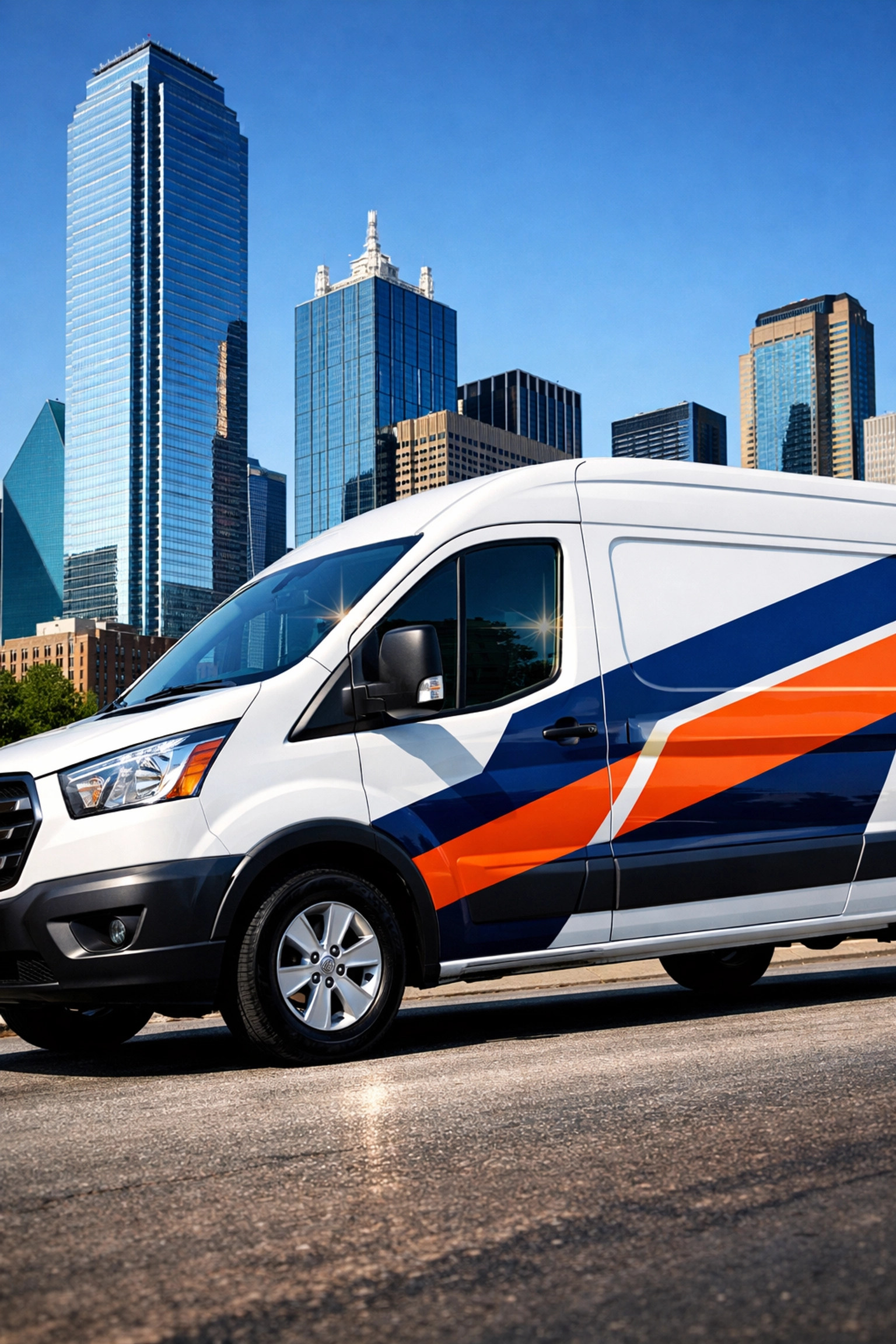 A modern work van in Dallas featuring custom partial vinyl wrap decals for high-impact mobile branding.