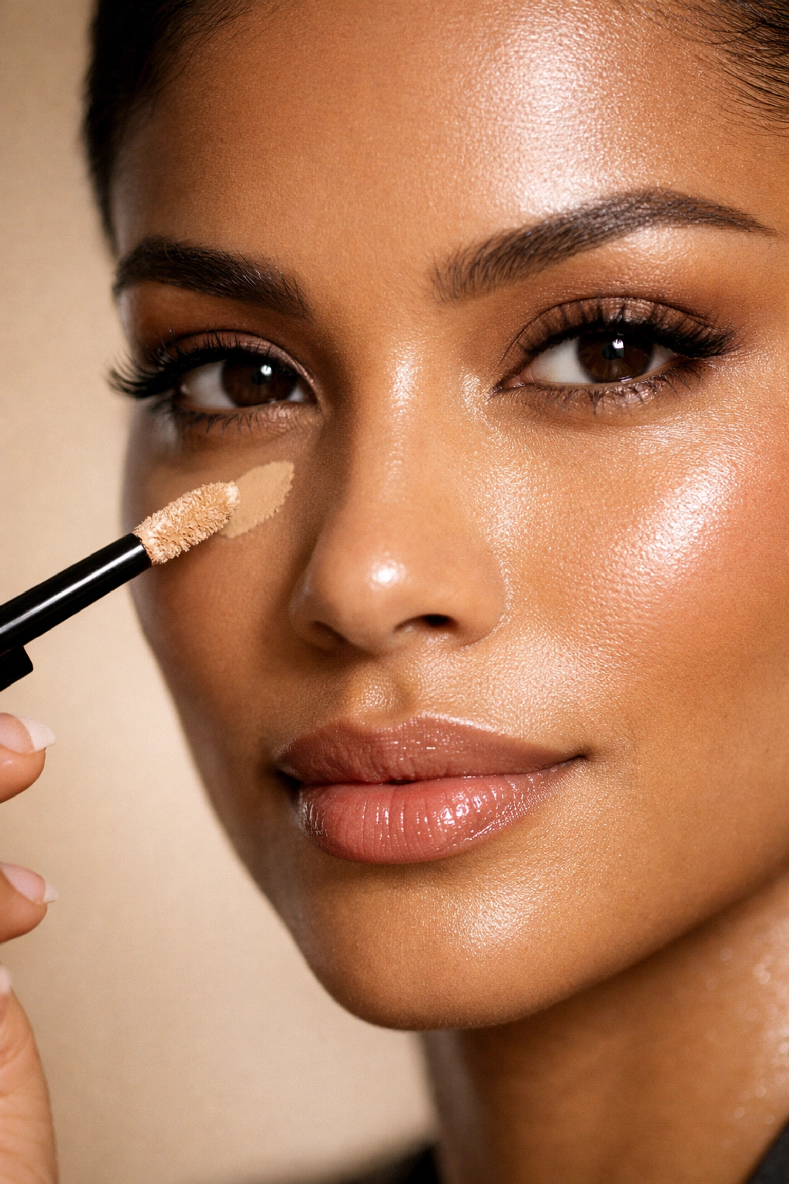 Professional under-eye concealment on a diverse model using V Kosmetik high-pigment liquid concealer.