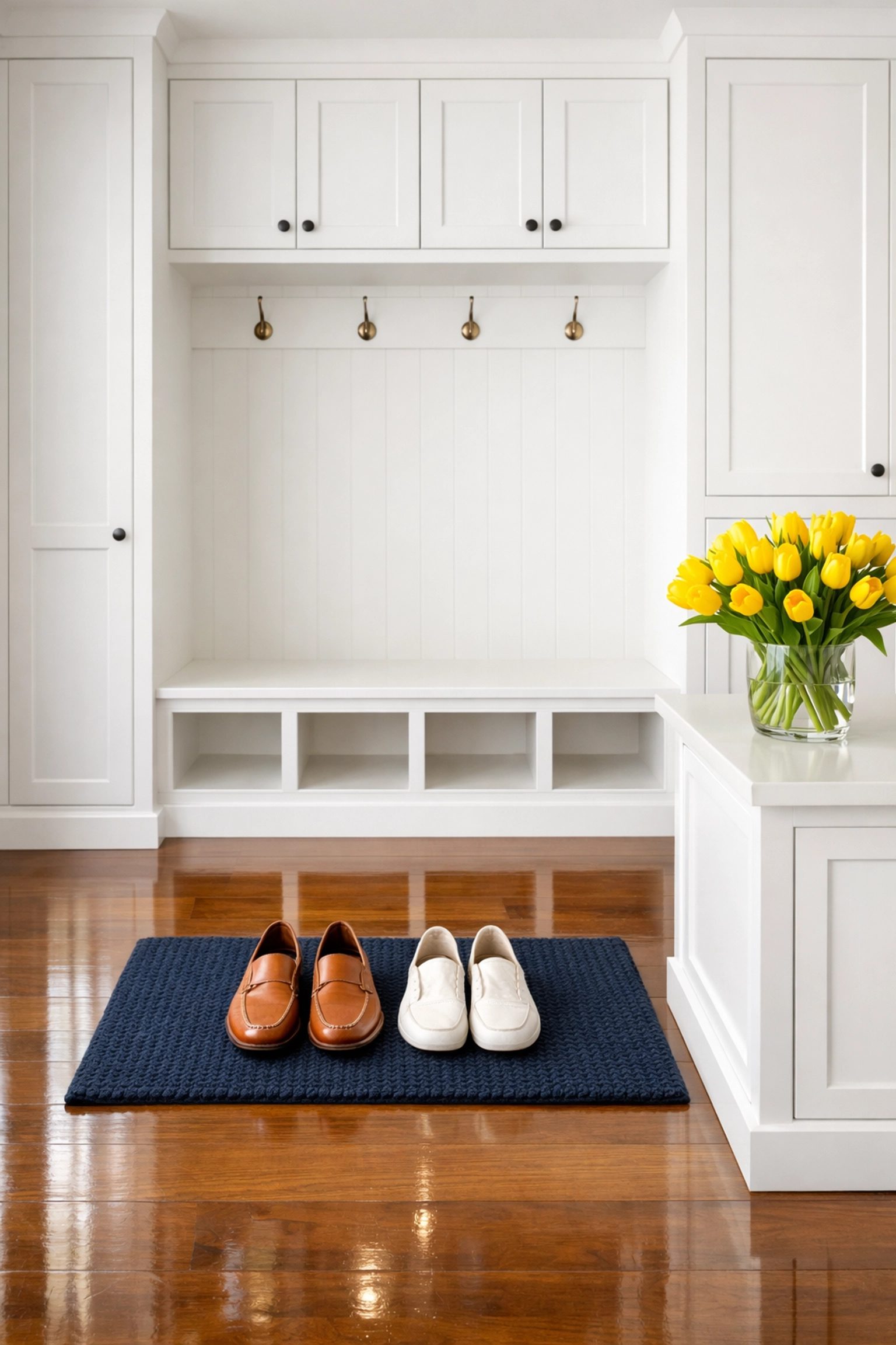 A clean, organized Natick home entryway with polished floors and shoes on a mat to prevent outdoor pollutants.