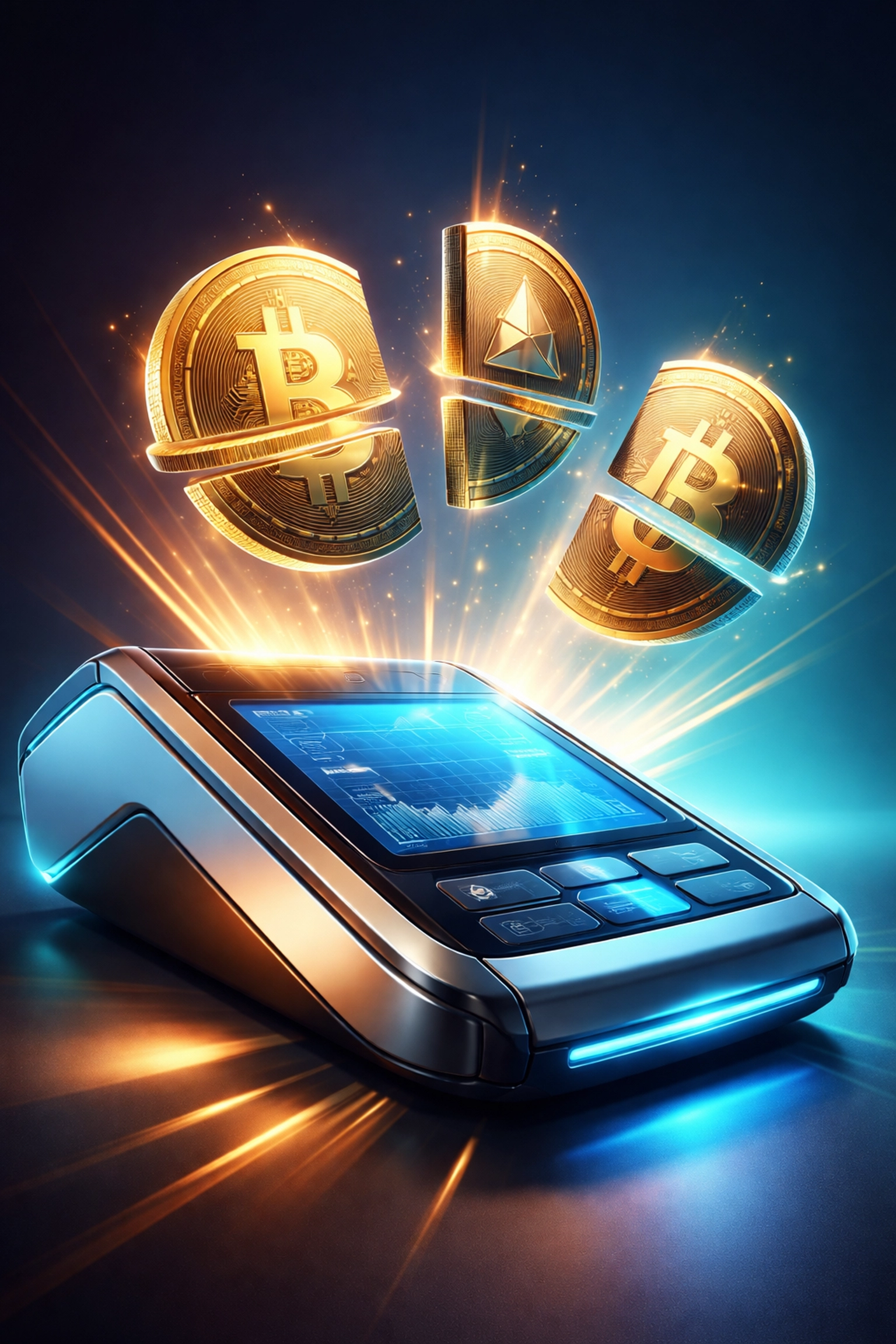 Futuristic payment terminal illustrating reduced interchange fees for Larecoin global cryptocurrency payments.