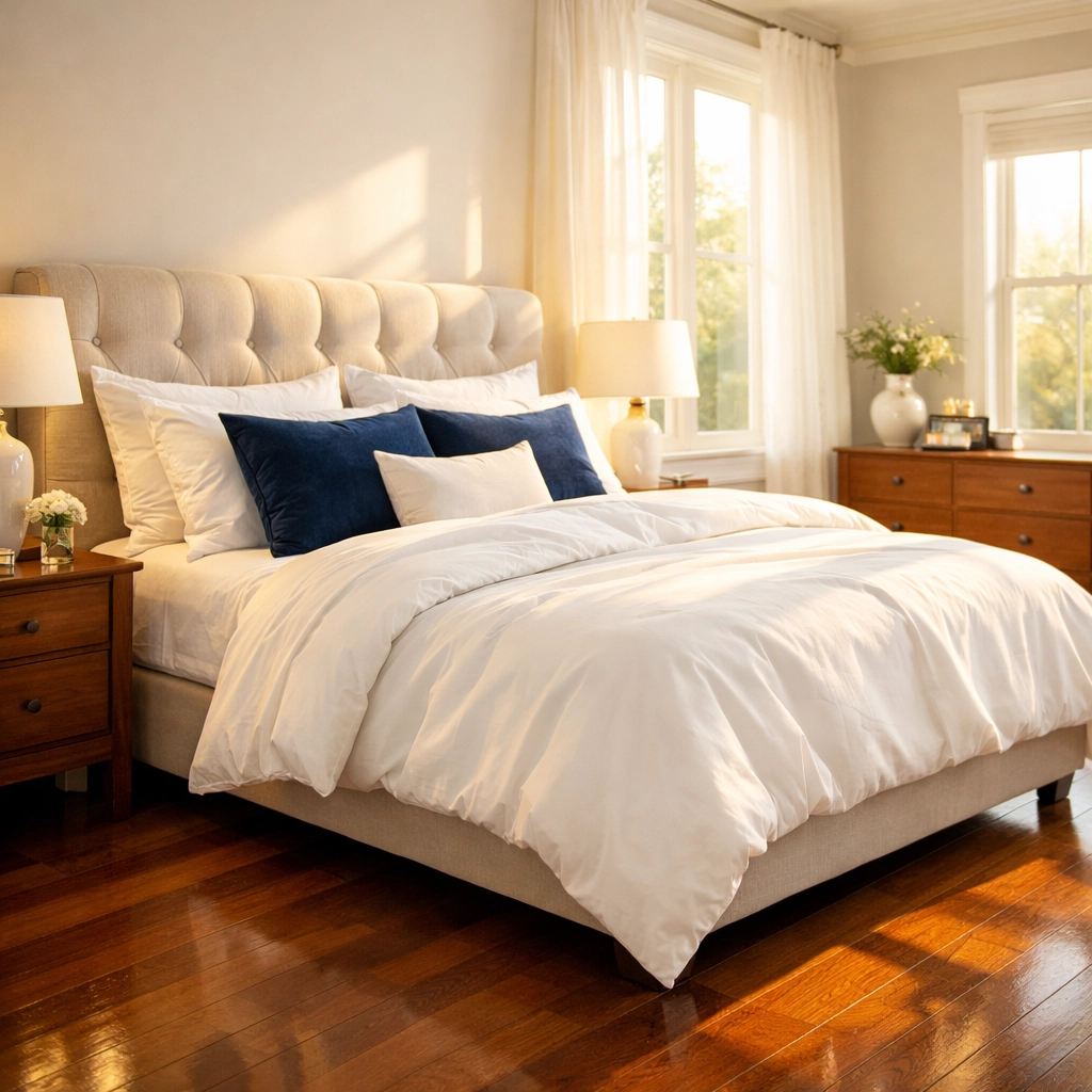 A dust-free master bedroom in Leominster with clean white bedding after professional cleaning services.