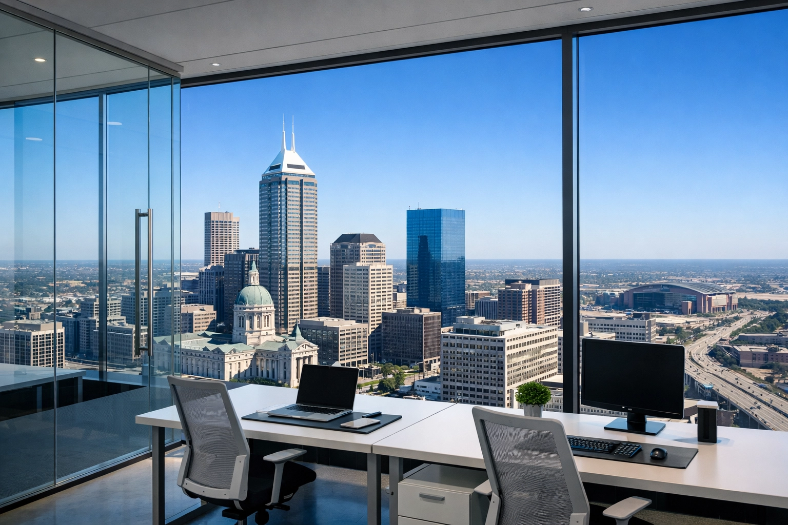 Modern high-rise office workspace overlooking the Detroit skyline, emphasizing metropolitan authority.