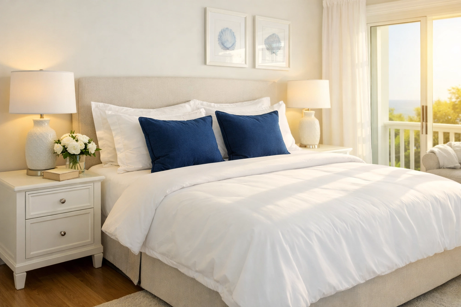 Guest-ready master bedroom in a Barnstable rental with clean linens and a dust-free nightstand.