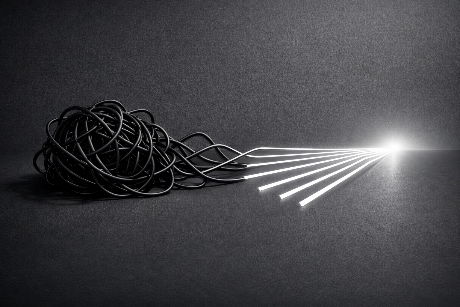 Abstract visual of tangled lines turning into straight paths representing a move to intentional brand strategy.