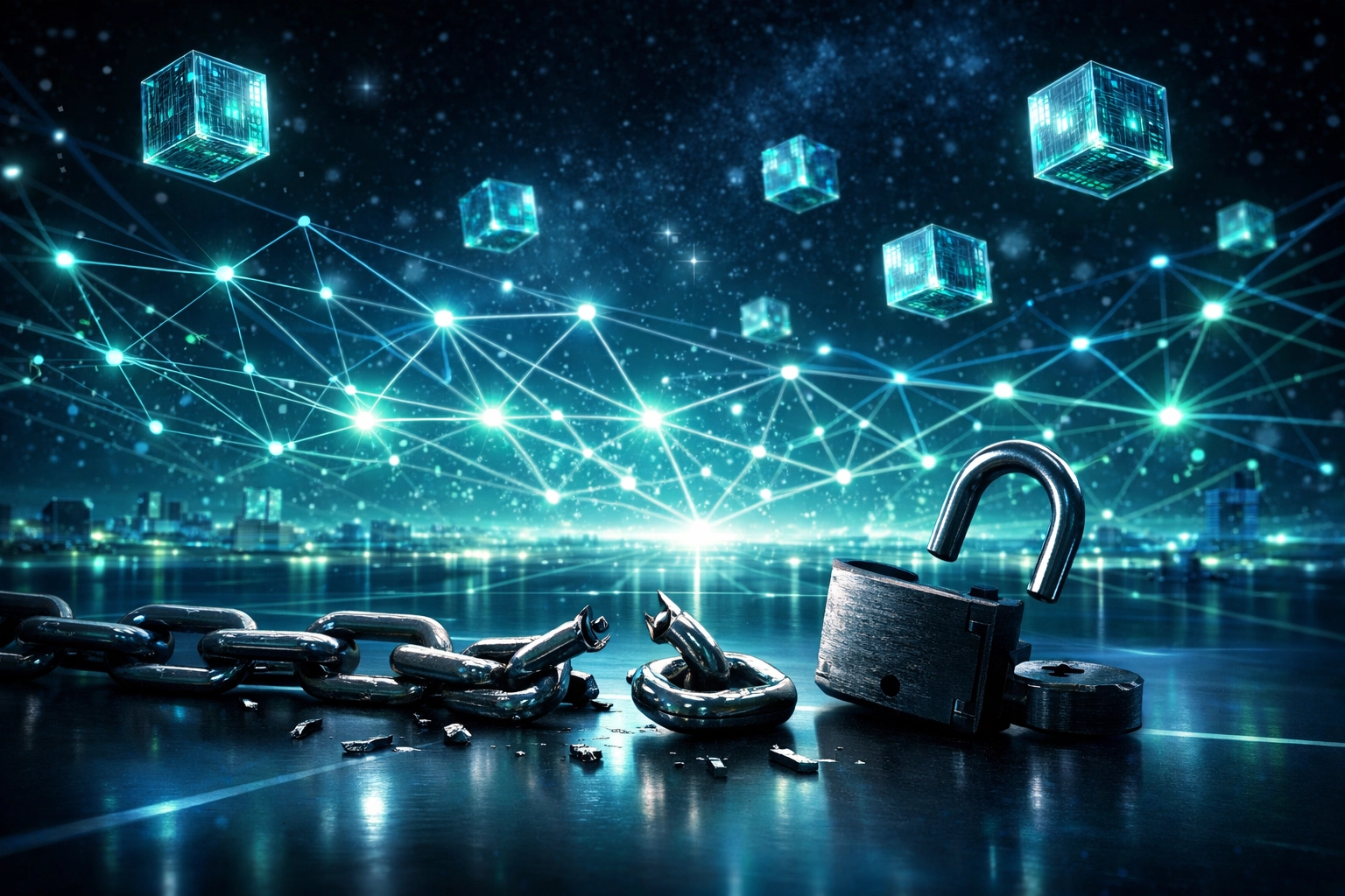Broken chains symbolizing merchant freedom through decentralized crypto payment networks